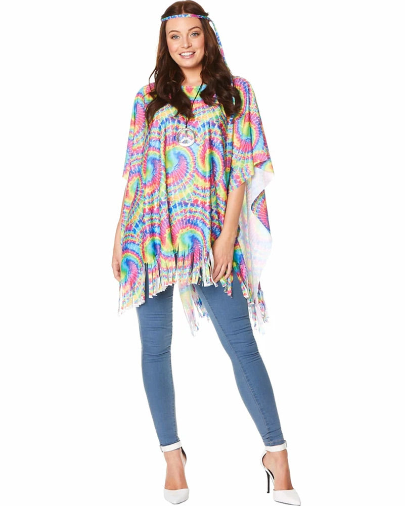 Vintage 70s Tie Dye Women's Boho Poncho - Hippie Style Cotton Beach Cover Up for Music Festivals & Summer Outfits
