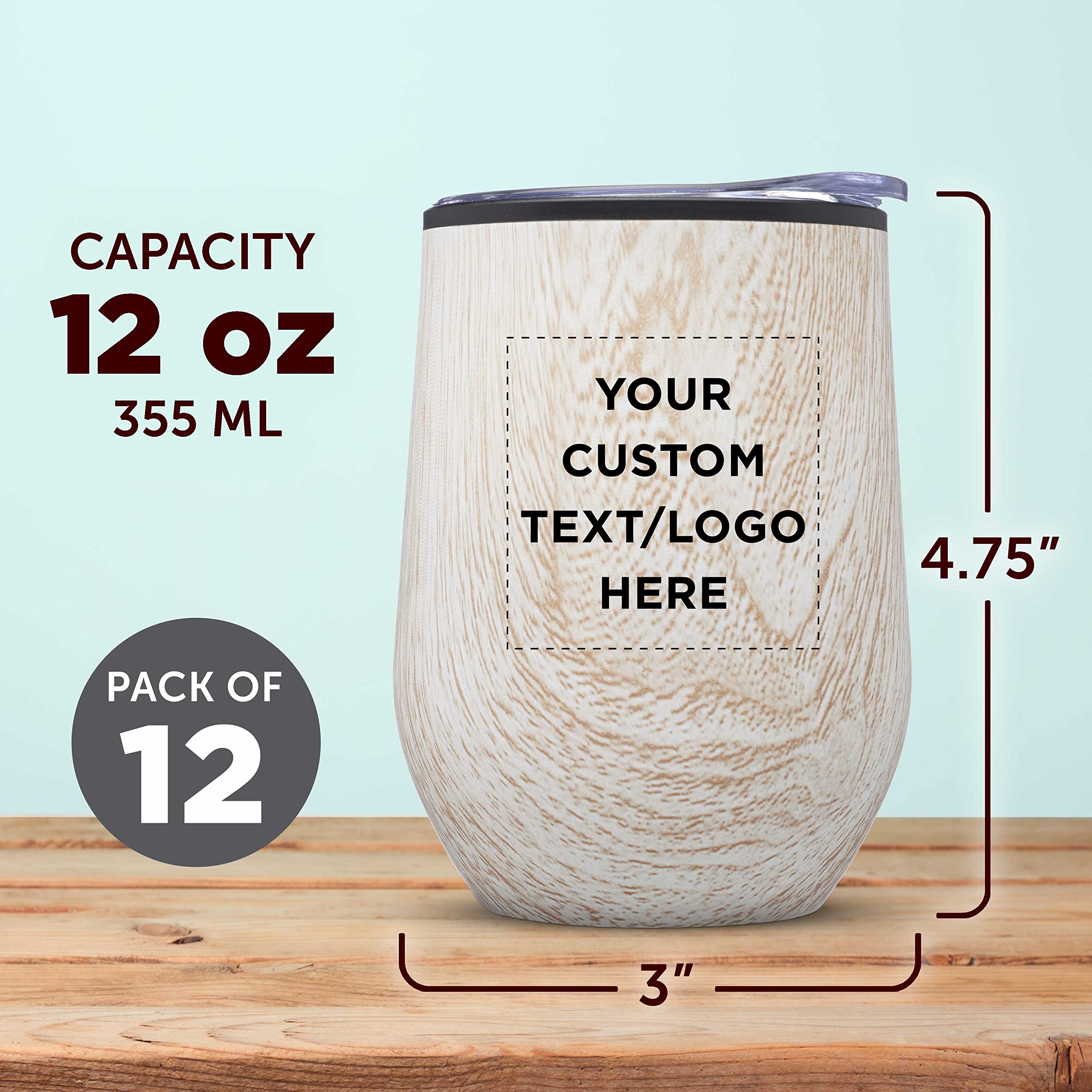 Personalized Palmera Stemless Wine Glasses 12oz Set of 12 - Custom Engraved Bulk Wine Tumblers with Lids - Perfect for Parties, Weddings, Restaurants & Home Use - Great for Wine, Cocktails, Coffee & Iced Drinks - Ashwood Design