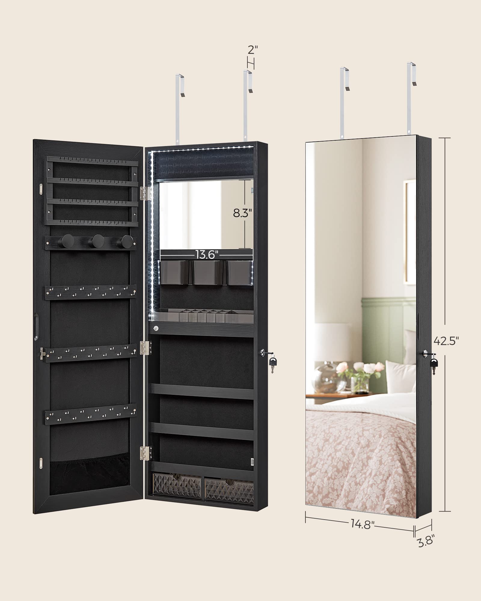 SONGMICS Jewelry Cabinet Armoire Organizer with LED Lights - Wall Mounted Storage with Full-Length Mirror, Built-in Makeup Mirror, 2 Lockable Drawers for Bedroom, Bathroom, Closet - Black UJJC013B01 | Jewelry Storage & Vanity Organizer for Women