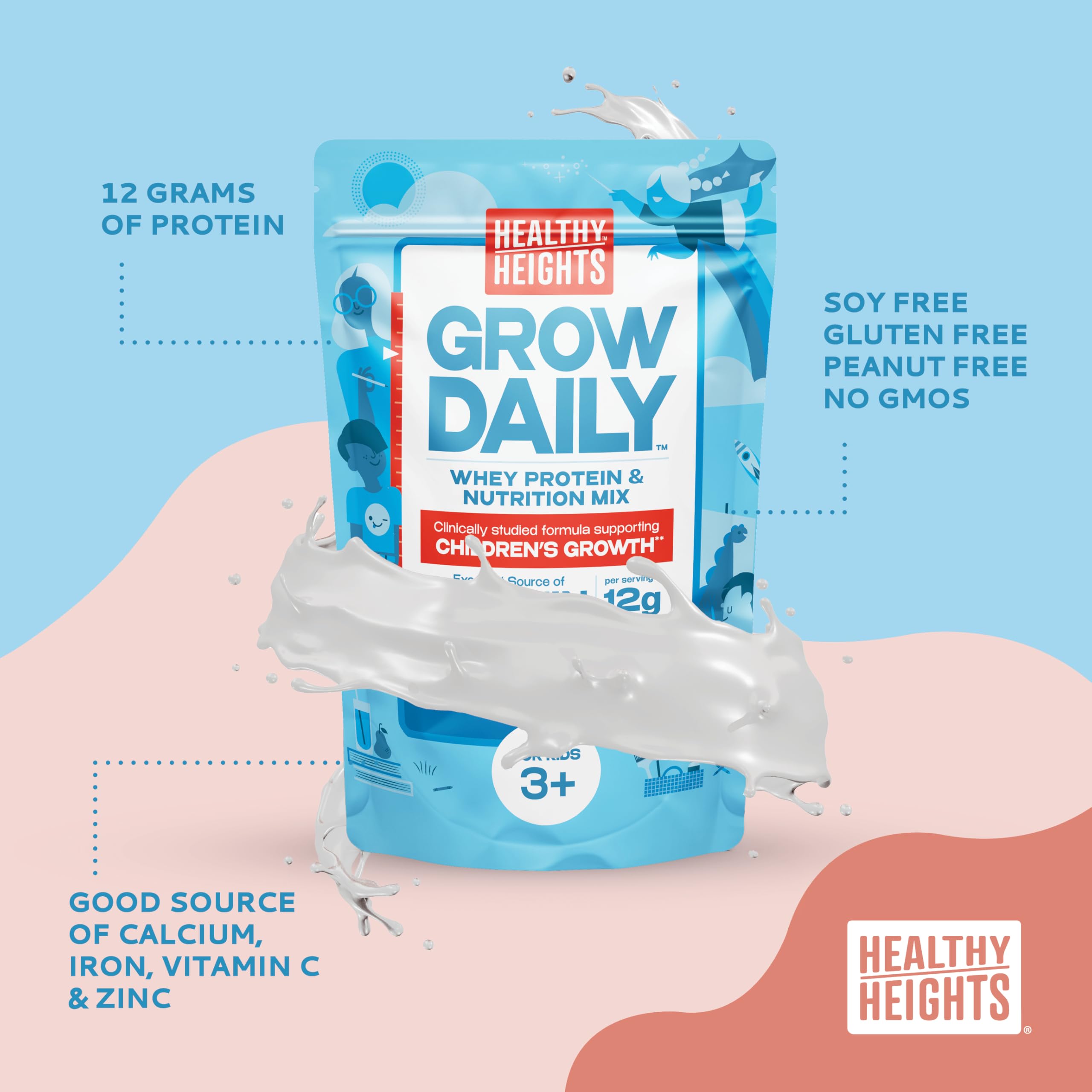 Healthy Heights Grow Daily Protein Powder (Plain) - Pediatrician-Developed Protein Shake for Kids - High Protein Nutritional Drink with Essential Vitamins & Minerals - No Added Sugar - Perfect for Breakfast, After-School Snacks & Active Lifestyles