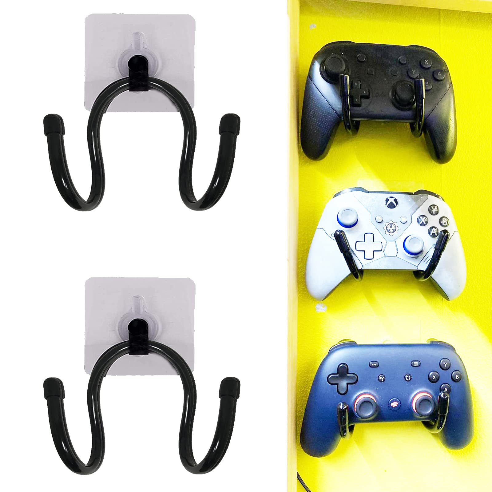 Universal Game Controller Wall Mount Holder for Xbox One, PS4, Switch Pro - 2 Pack Adhesive Organizer Rack with Headphone Hanger - Easy Installation for Gaming Room, Bedroom, and Office Organization