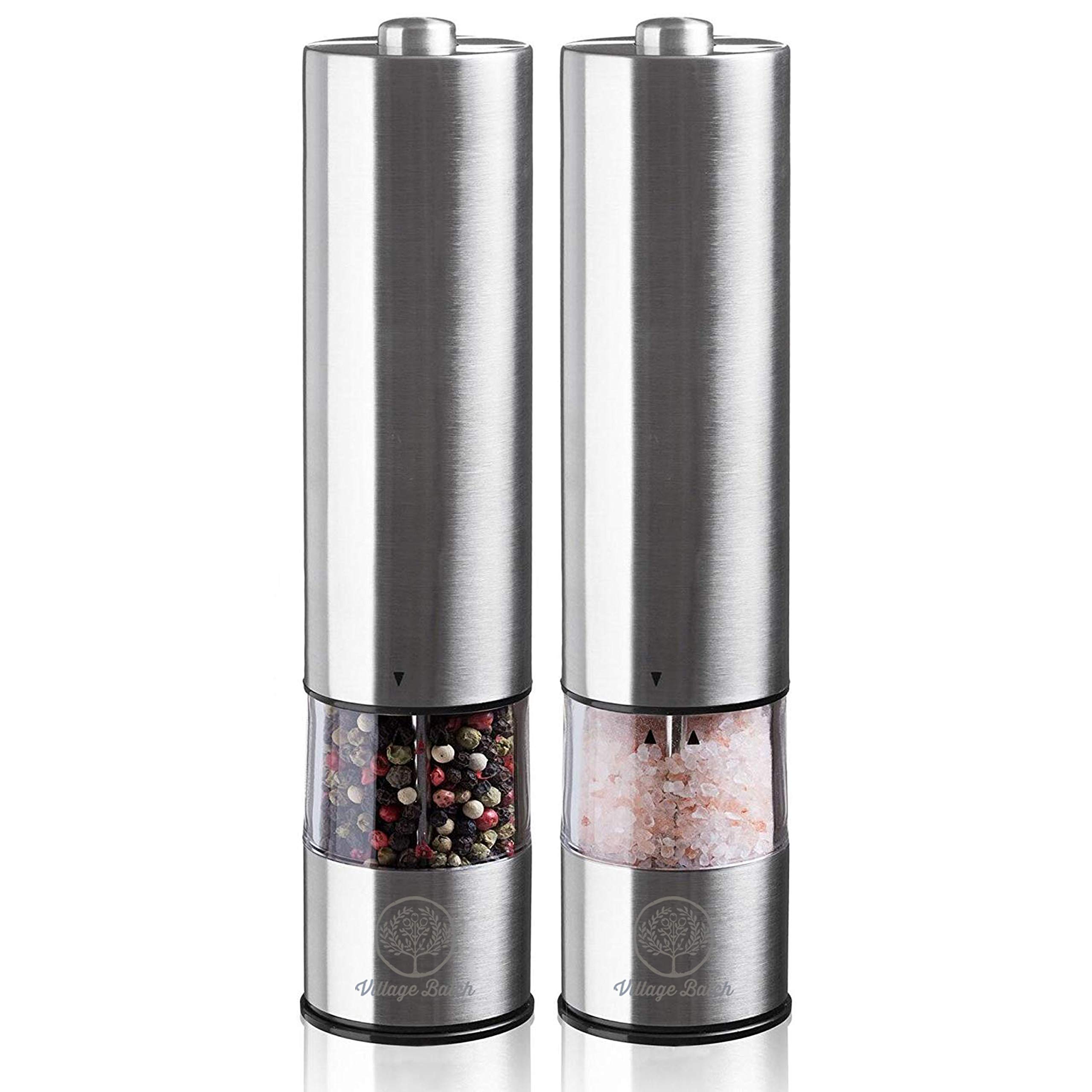 Premium Stainless Steel Automatic Pepper Grinder & Salt Mill Set - Battery Operated LED Light Up Electric Spice Grinder for Kitchen, Dining Table & Gourmet Cooking - Adjustable Coarseness for Freshly Ground Spices
