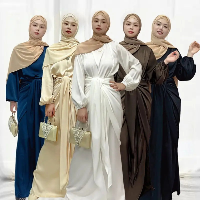 Elegant Satin Abaya Dress with Midi Wrap - Modest Muslim Women's Prayer Dress for Eid, Ramadan & Special Occasions