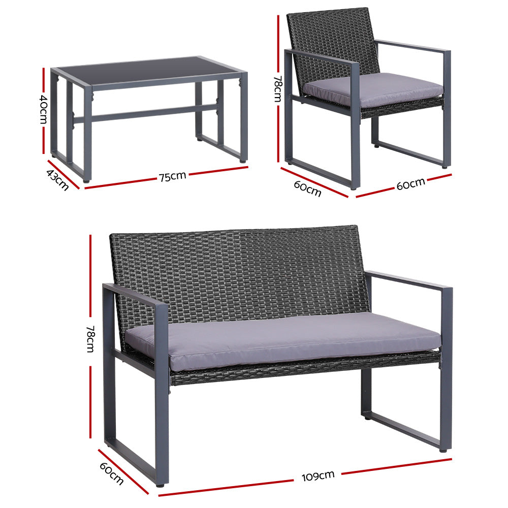 4-Piece Outdoor Rattan Sofa Set with Glass Top Table and Chairs - Black Patio Furniture for Garden, Poolside, and Backyard Relaxation