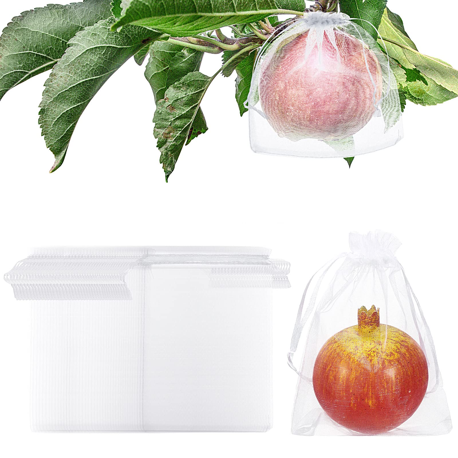 100 Pcs White Fruit Protection Bags with Drawstring - 5x7 Inch Mesh Netting Barrier for Fruit Trees, Gardens, Plants, Flowers & Vegetables - Perfect for Organic Farming, Pest Control & Harvest Protection