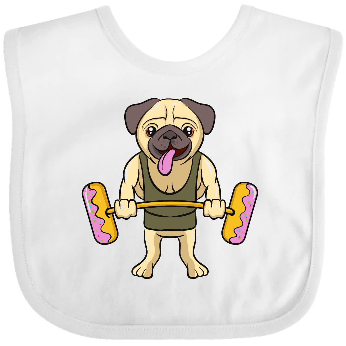 Inktastic Funny Pug Dog Eating Donut Gym Workout Baby Bib - Cute & Soft Cotton Drool Bib for Infants, Toddlers - Perfect for Feeding, Playtime, Daycare & Photo Shoots