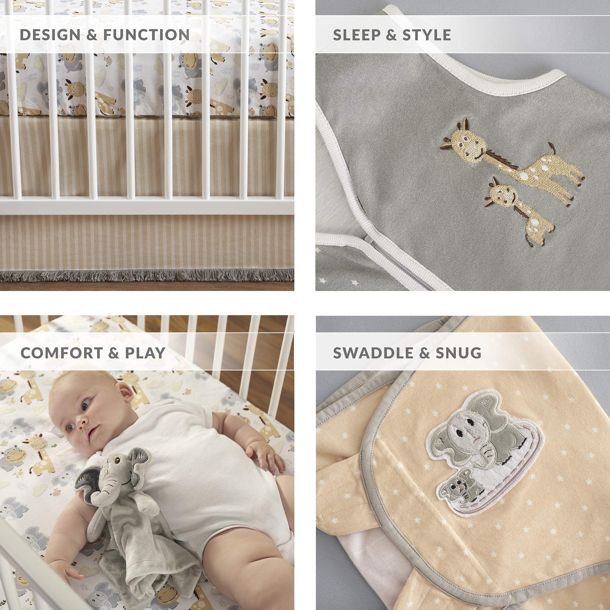 8-Piece Jungle Animal Safari Crib Bedding Set for Boys & Girls - Gray/Tan/White Nursery Bedding | Perfect for Baby Showers & Nursery Decor