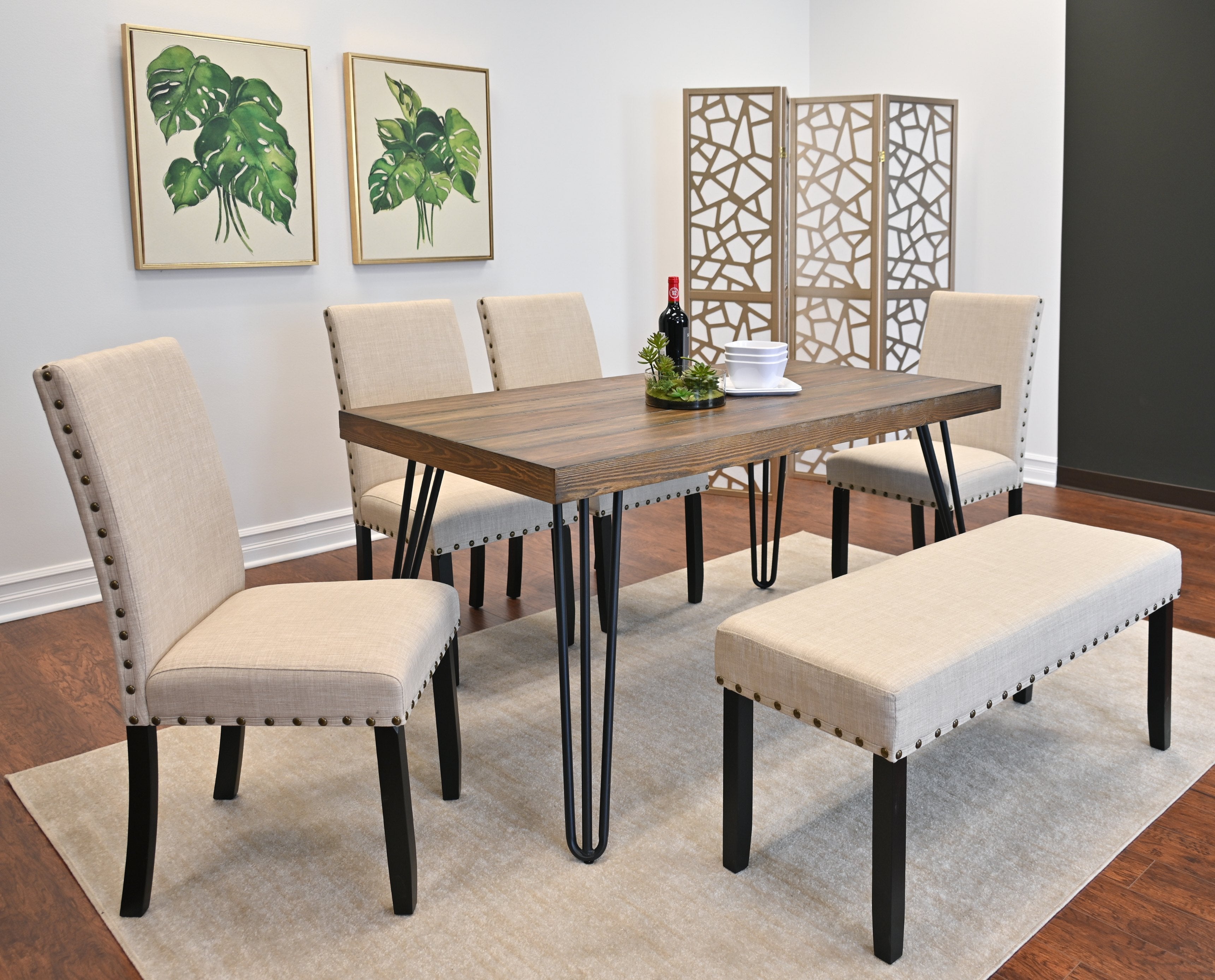 Roundhill Furniture Amisos 6-Piece Dining Set with Hairpin Leg Table, 4 Chairs & Upholstered Bench - Modern Kitchen & Dining Room Furniture for Family Gatherings