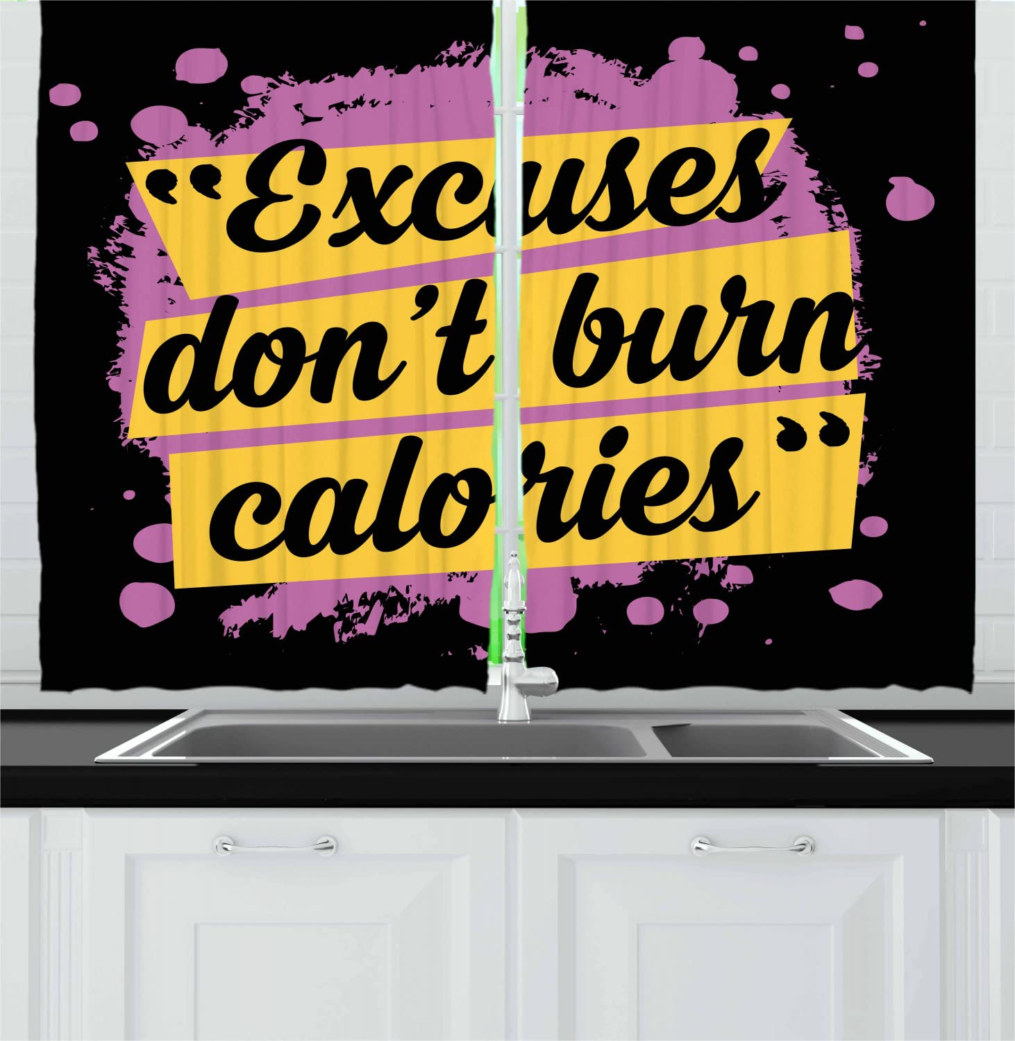 Ambesonne Fitness Motivational Kitchen Curtains - 'Excuses Don't Burn Calories' Modern Design, 2 Panel Rod Pocket Drapes 55x45 Inches, Lilac Yellow Black - Perfect for Home Gym Decor & Kitchen Windows