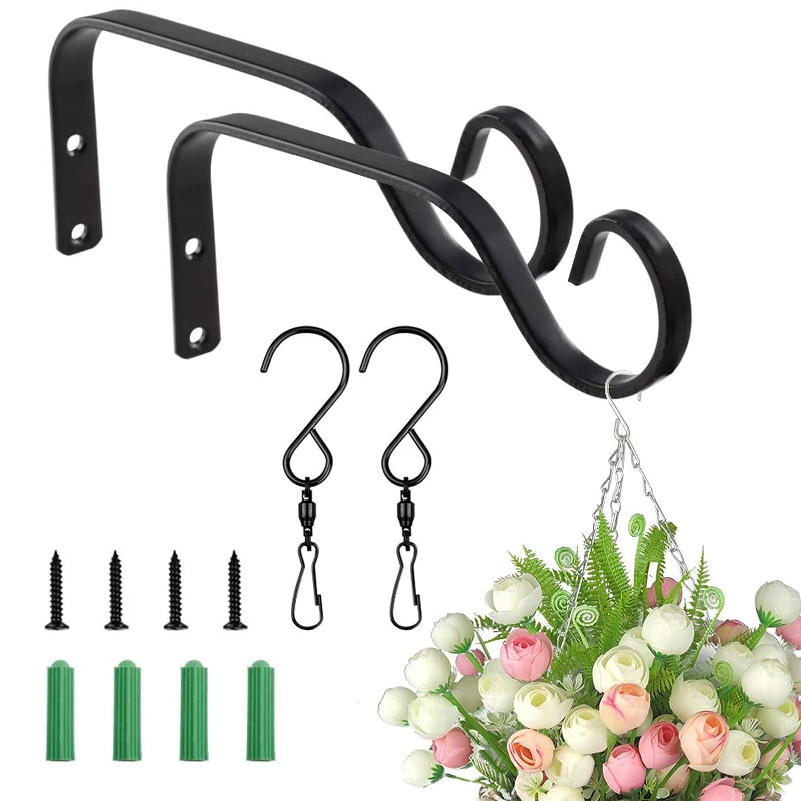 MOROBOR 2 Pack 7.3 Inch Black Rust-Resistant Heavy Duty Flower Basket Hangers - Decorative Wrought Iron Plant Hooks for Lanterns, Plants, Wind Chimes - Perfect for Indoor/Outdoor Garden, Patio, Balcony Decor