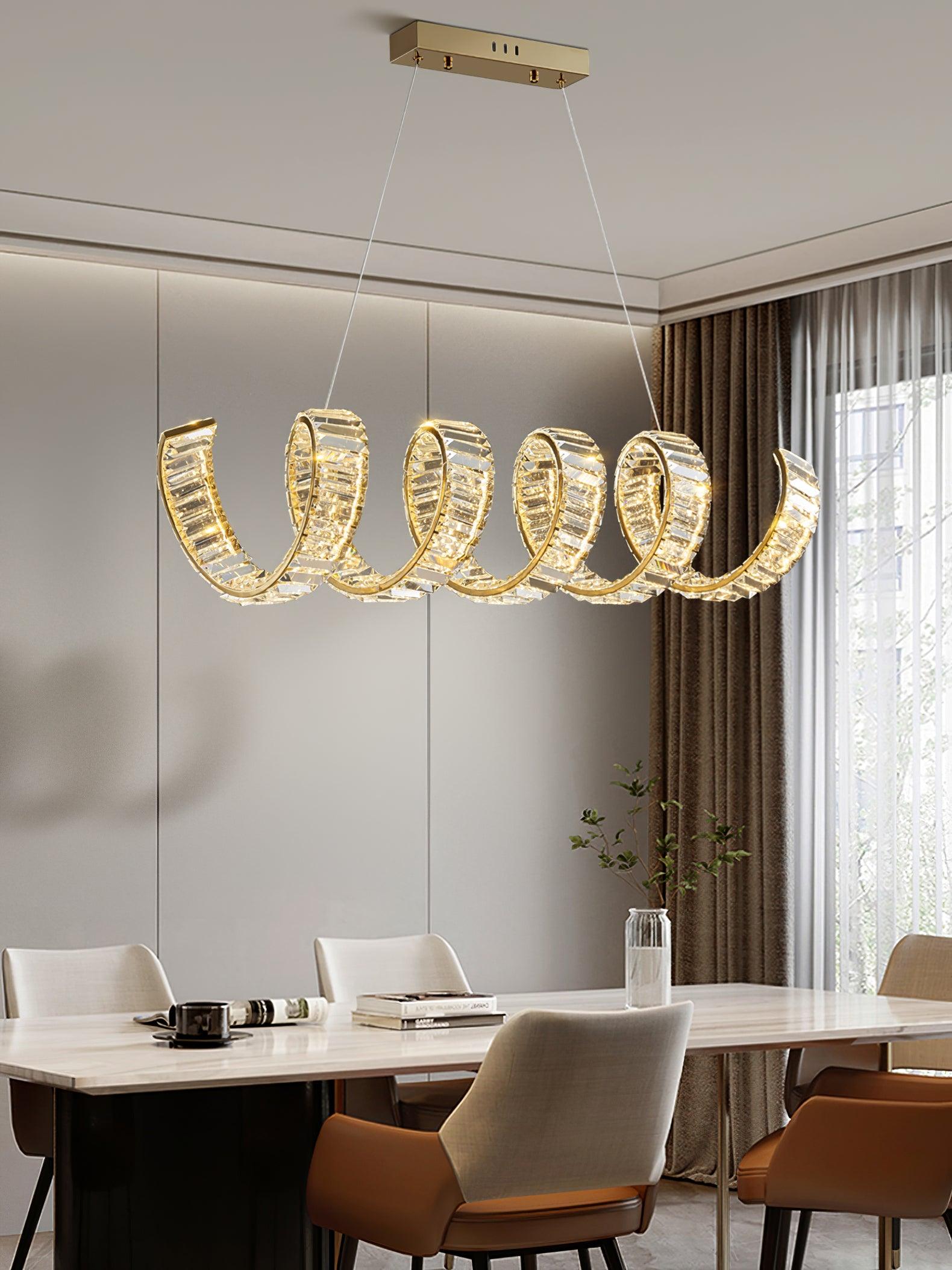 Elegant Curved LED Chandelier - Modern Crystal Ceiling Light Fixture for Dining Room, Living Room & Bedroom | Energy-Efficient Dimmable Lighting for Home Decor