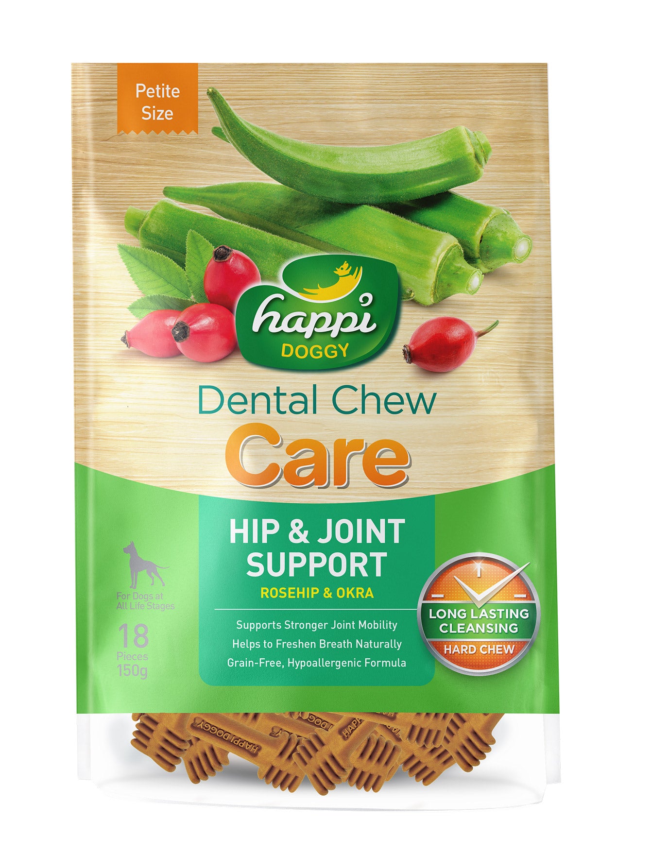 Happi Doggy Dental Chew for Dogs - Rosehip & Okra Flavor, Hip & Joint Support, 150g (2 Size Options) | Healthy Teeth & Gum Care Treats for Small & Large Dogs | Perfect for Daily Oral Hygiene & Joint Health Maintenance