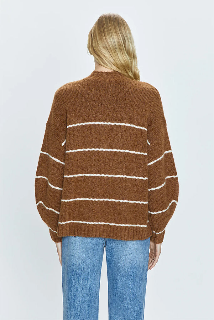 Carlen Mock Neck Sweater for Women - Caramel White Striped Knit Pullover | Cozy Winter Fashion, Casual Outfit & Layering Essential