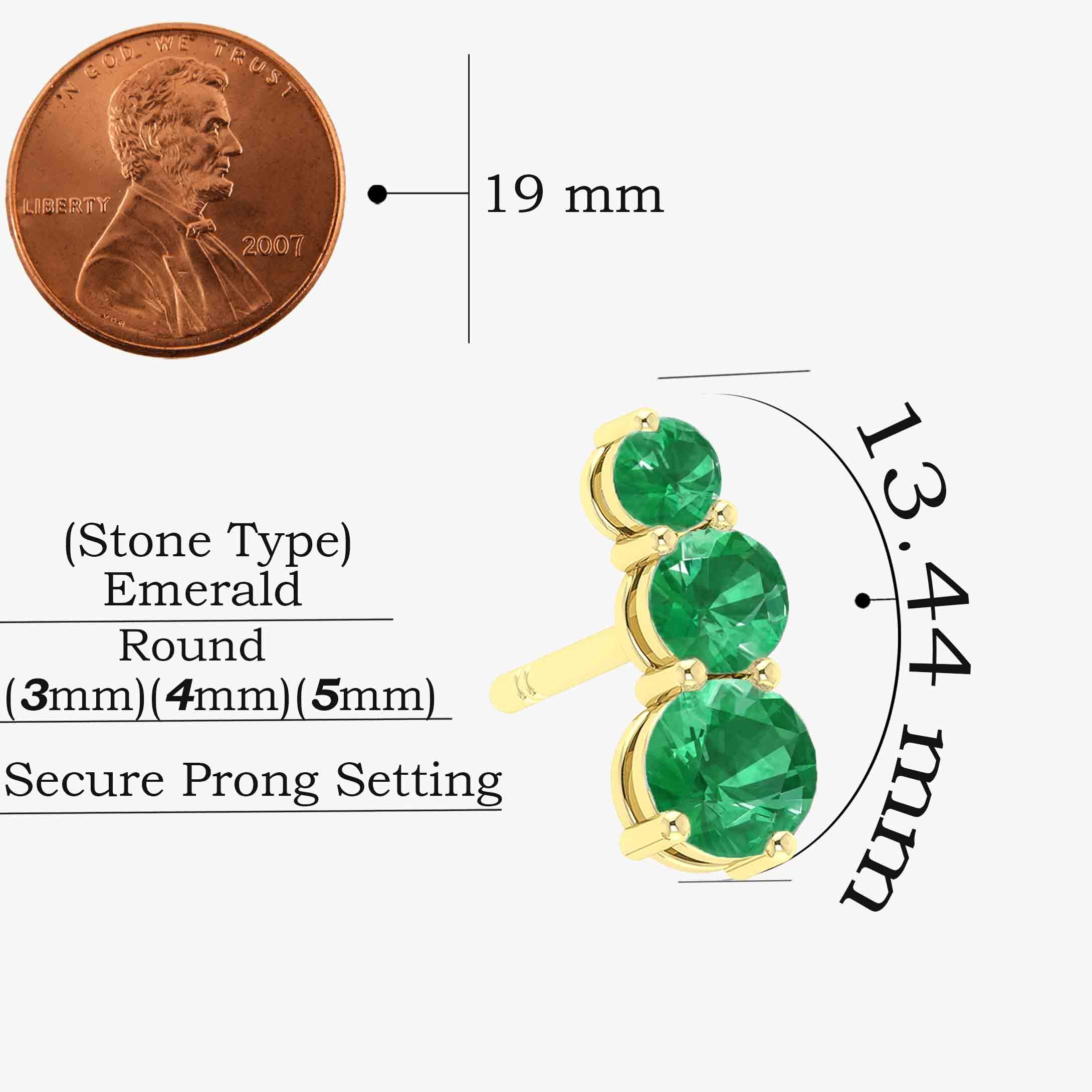 Three Stone Green Emerald Stud Earrings - 14K Gold Plated Dainty Jewelry for Women - Perfect for Weddings, Parties & Everyday Elegance