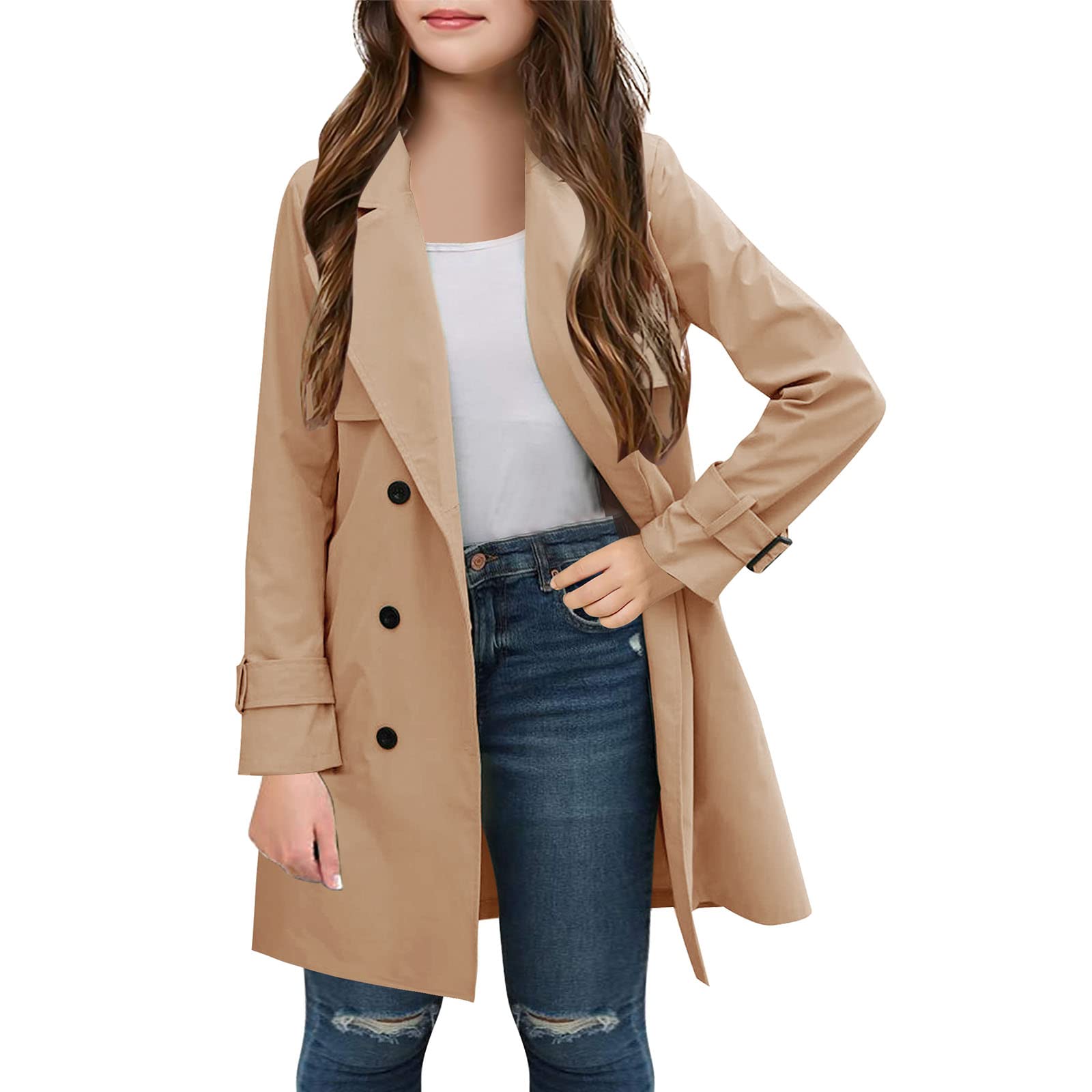 LAICIGO Girls' Classic Double Breasted Belted Trench Coat - Solid Color Lapel Jacket for Spring & Fall | Waterproof Outerwear for School, Travel & Everyday Wear