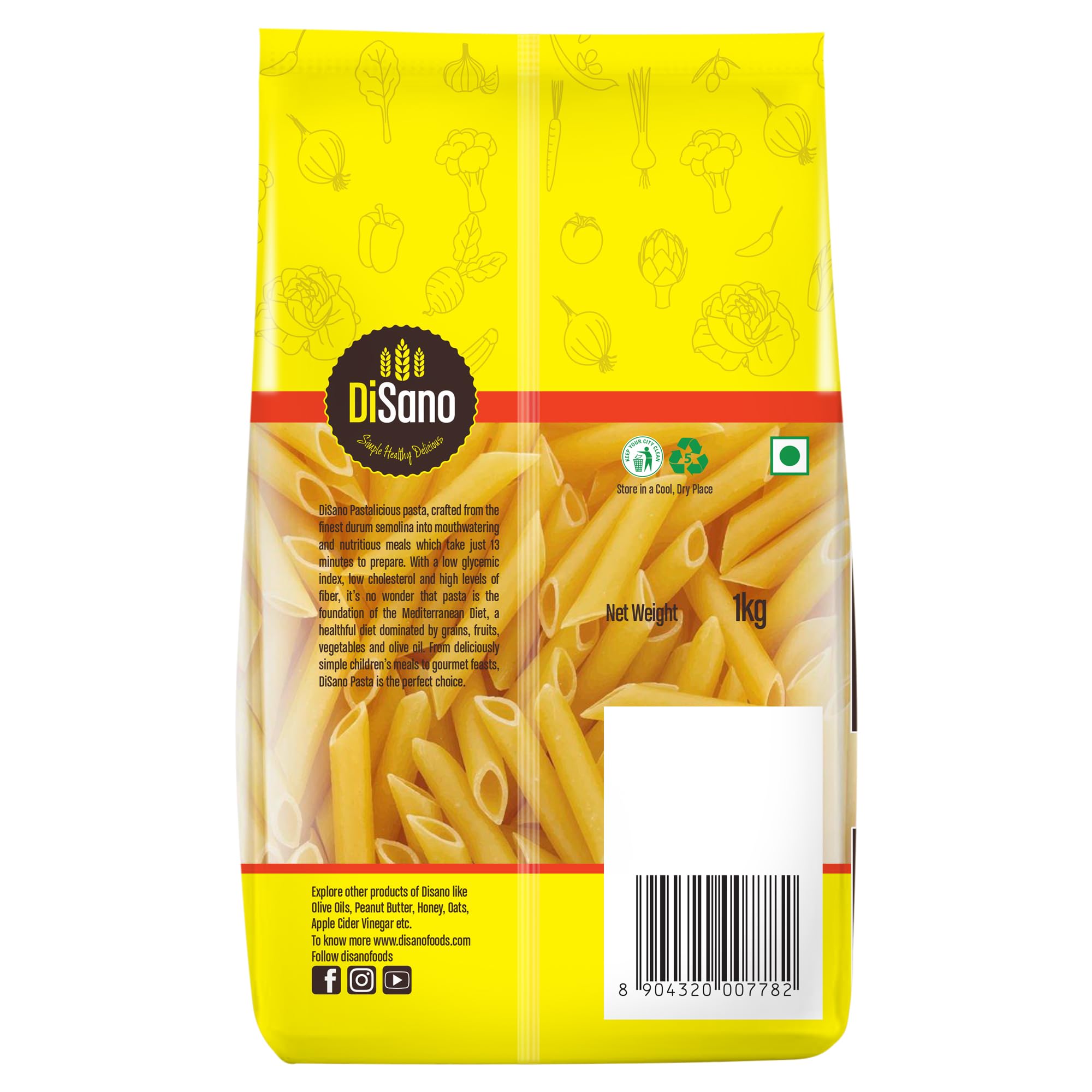DISANO Penne Pasta 1Kg - 100% Durum Wheat, High Protein & Fiber, No Maida - Perfect for Italian Recipes, Meal Prep & Healthy Eating