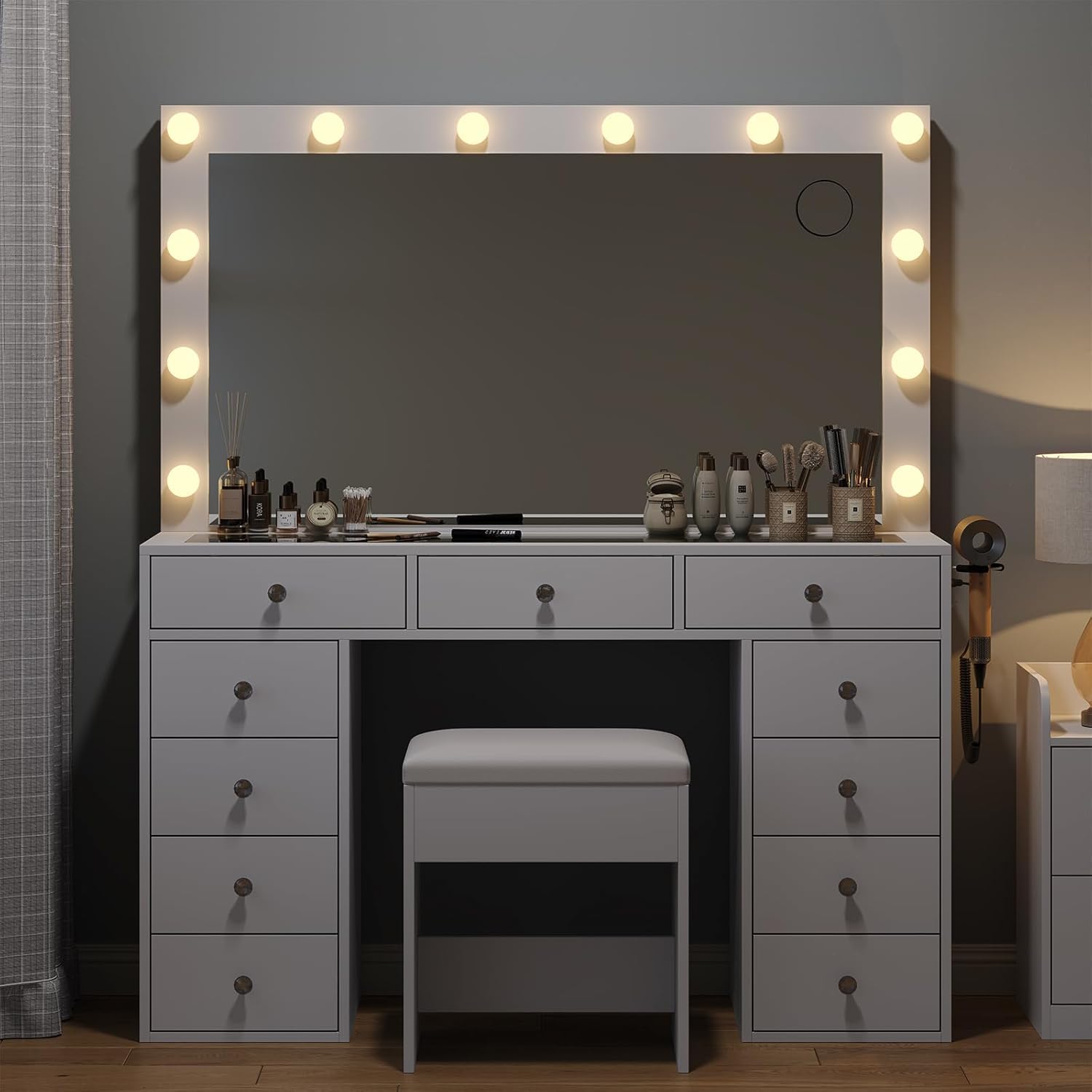 White Vanity Desk with Illuminated Mirror & Power Outlet - 11 Drawers Makeup Dressing Table with Chair, 12 LED Lights & Tempered Glass Top - Perfect for Bedroom, Dressing Room & Home Salon Setup