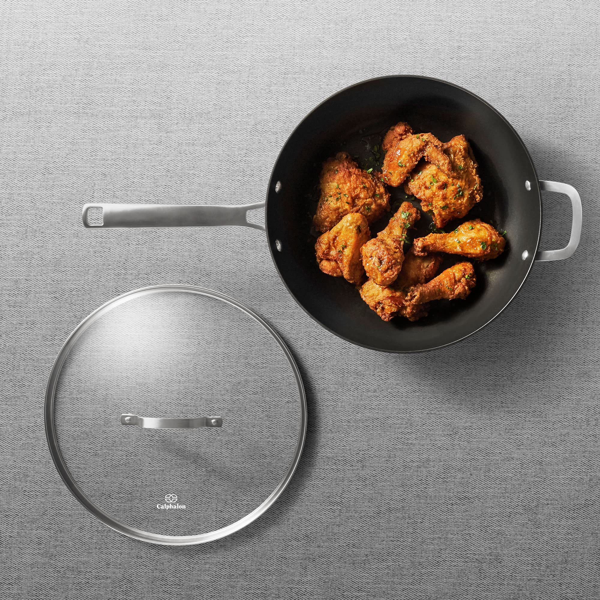 Calphalon Classic Nonstick 12-Inch Jumbo Fryer Omelet Pan with Cover - Gray Cookware for Professional & Home Chefs - Perfect for Frying, Omelets, Pancakes & Stir-Frying