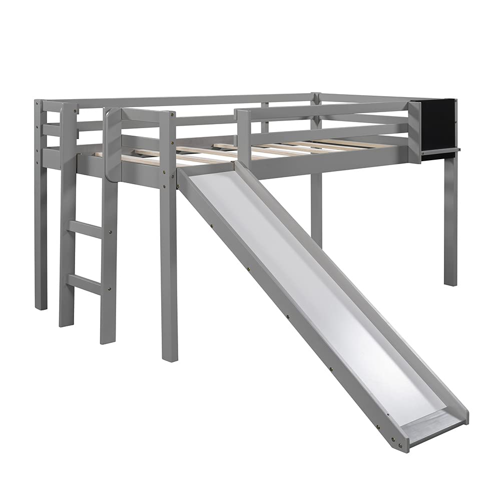 Kids Wood Loft Bed with Slide & Stairs - Twin Size Low Loft Bed Frame with Chalkboard - Easy Assembly (Gray) - Perfect for Small Bedrooms & Playrooms