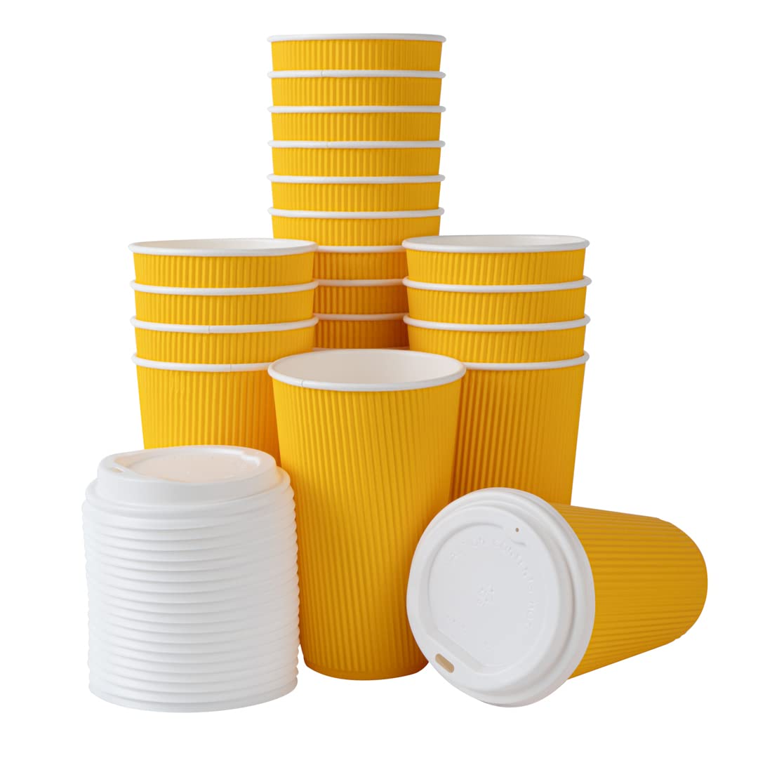 16oz Insulated Coffee Cups with Lids - 200 Pack Leakproof Disposable Hot Drink Cups for Tea, Hot Chocolate & Lattes | Durable Ripple Wall Design, Non-Slip Yellow Paper Cups for Restaurants, Cafes & Office Break Rooms