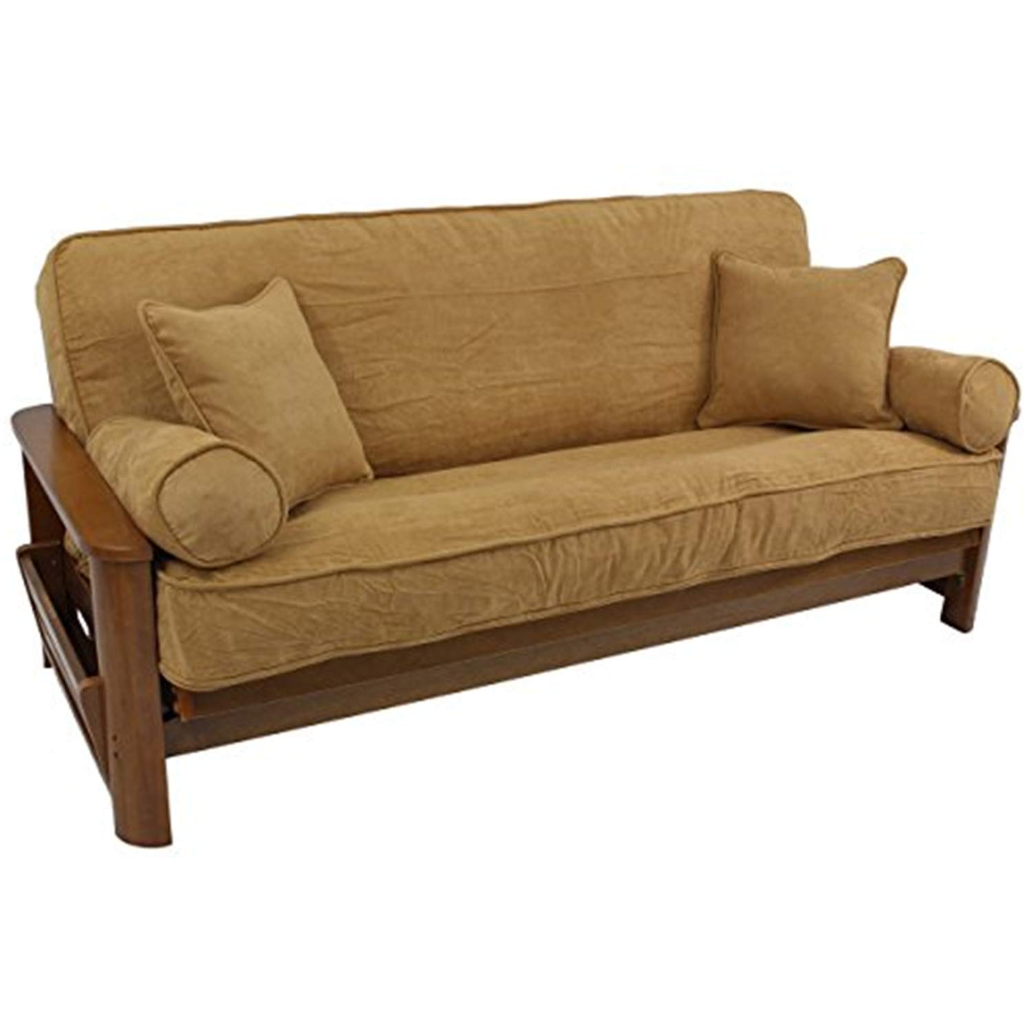 Premium Microsuede Futon Cover Set with 4 Throw Pillows (5-Piece) - Full Size, Sage Green - Soft Double Corded Design for 8
