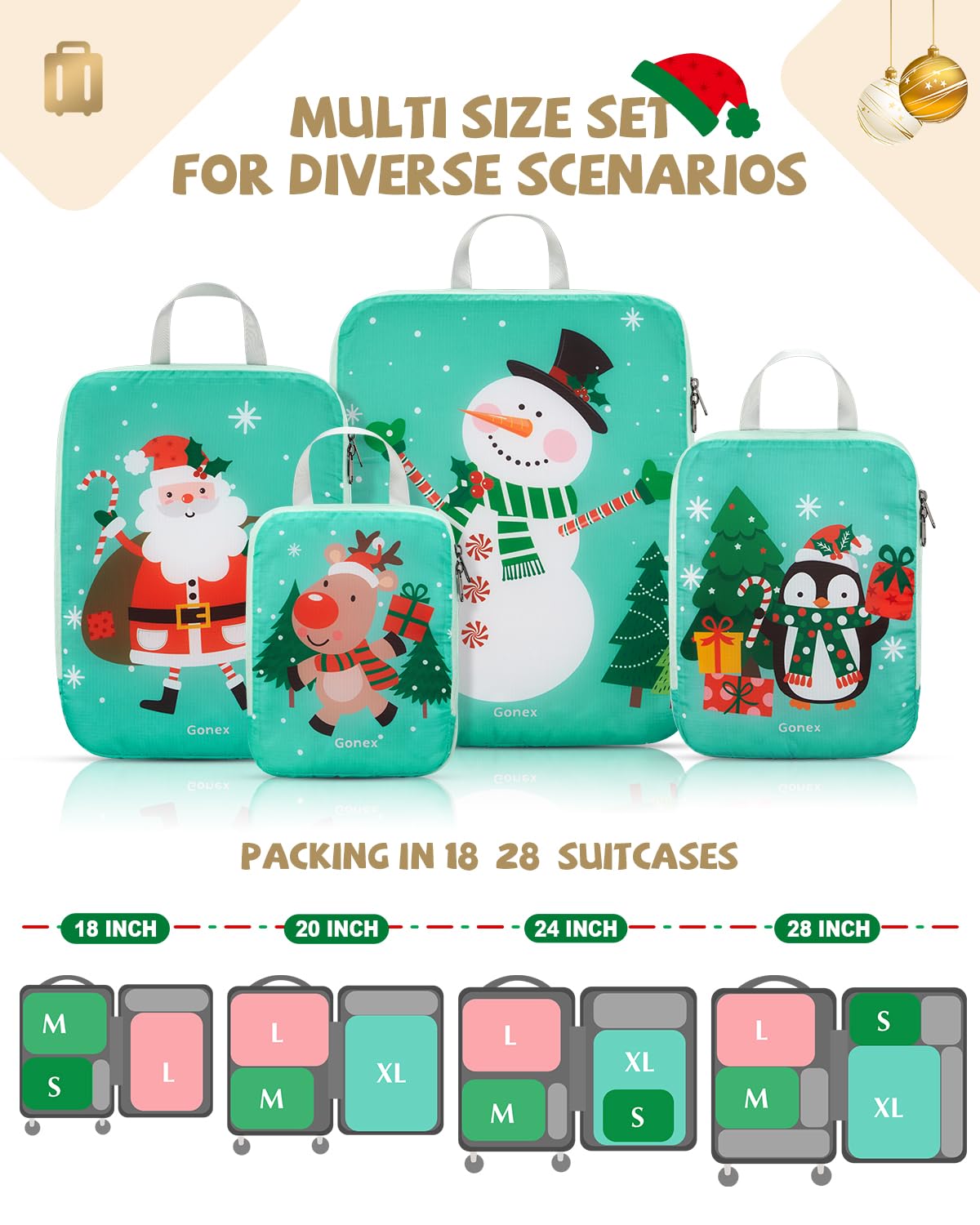 Gonex 4-Piece Expandable Compression Packing Cubes Set - Christmas Pattern Travel Luggage Organizers for Suitcases & Carry-On Bags | Perfect for Vacation, Business Trips & Weekend Getaways