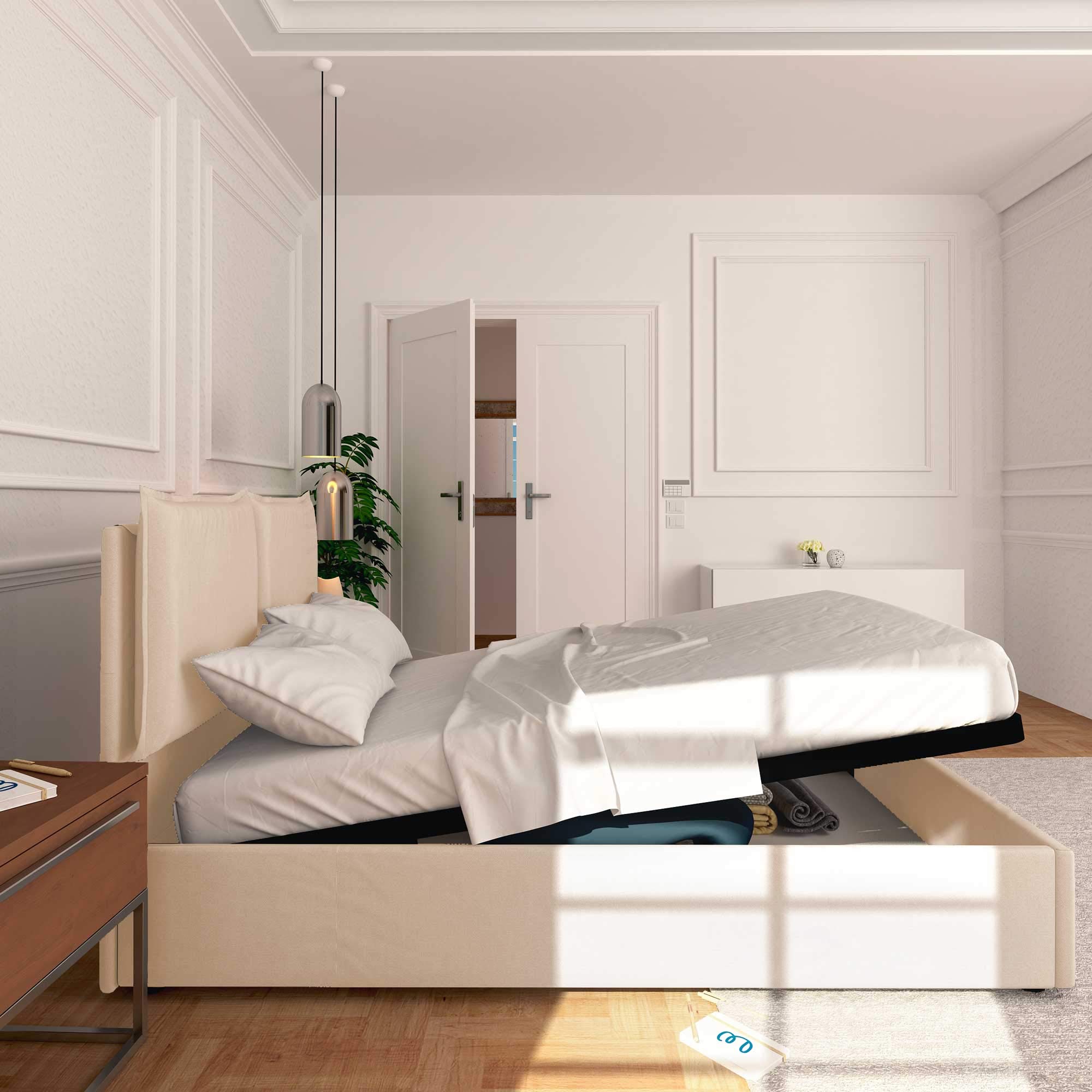 Baldiflex Queen Size Bed with Storage - Licia Model, Synthetic Leather Upholstery, Slatted Base for Queen Mattress, 140 x 190 cm, Padded Headboard, White - Perfect for Modern Bedrooms & Small Spaces