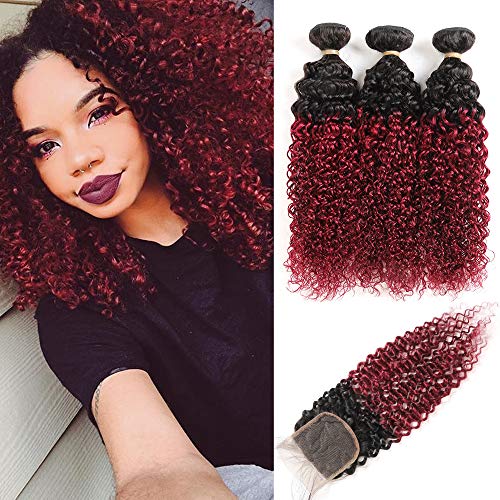 Ombre Burgundy Brazilian Curly Hair Extensions 3 Bundles with Closure - Dark Red Two Tone Human Hair Weave 99J Afro Kinky Curls (12