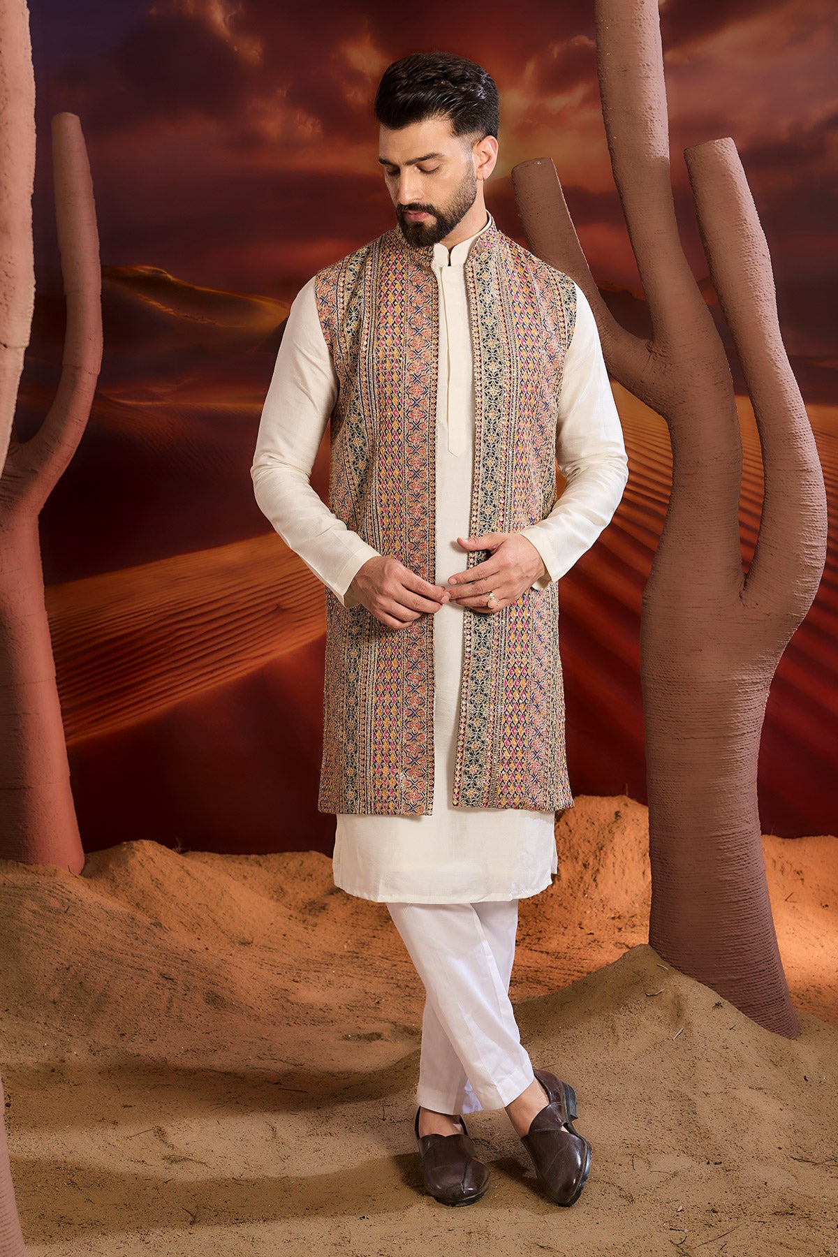 Elegant Long Open Shrug with Multi-Colored Heavy Zari Detailing - Perfect for Weddings, Parties & Evening Events