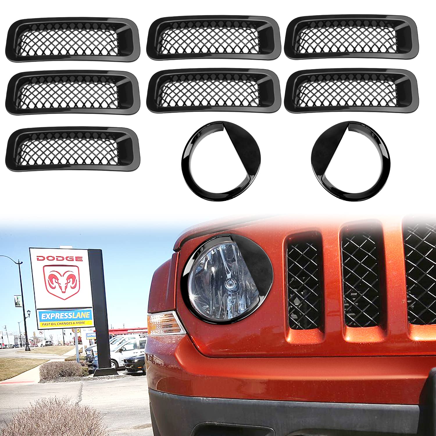 AVOMAR Black Front Grille Mesh Insert & Angry Bird Headlight Cover Kit - Compatible with Jeep Patriot 2011-2016 - Upgrade Your Jeep's Aggressive Style for Off-Road Adventures & Car Shows