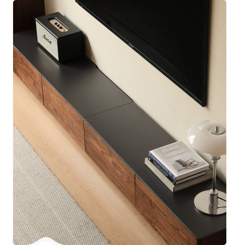 Black Walnut Solid Wood TV Stand with Rock Slab - Rustic Modern Entertainment Center for Living Room, Bedroom & Home Theater