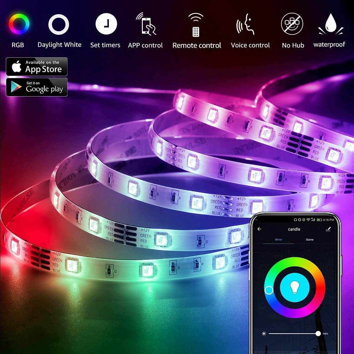 12M 5050 LED Strip Lights with Remote Control - Smart RGB Rope Lights for Bedroom, Home Decor, and Party Lighting | App-Controlled Mood Lighting for Wall, Ceiling, and Furniture Accents
