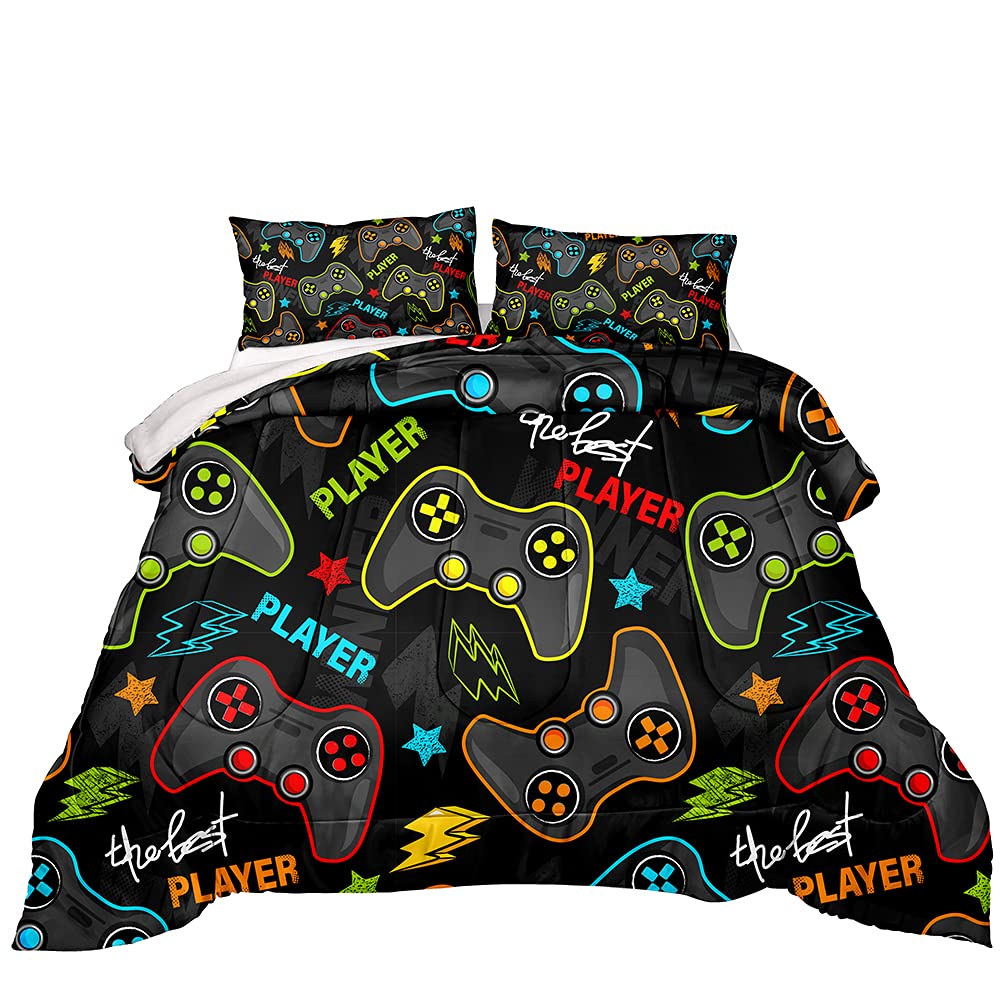 Kids Gaming Comforter Set - All Season Down Alternative Bedding with Game Controller Design for Boys & Girls - Queen Size Gamer Home Decor - Perfect for Bedrooms, Dorms & Game Rooms