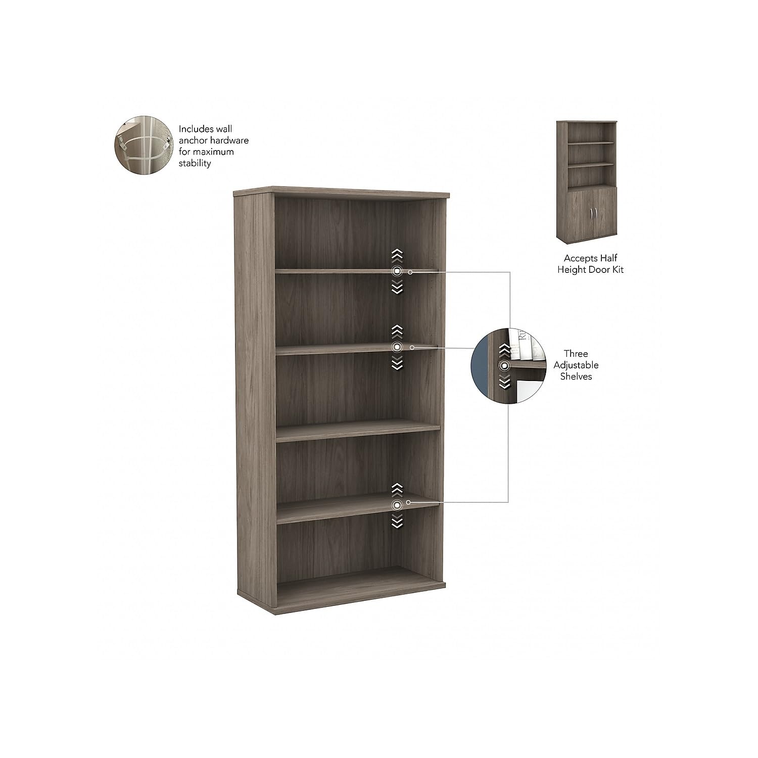 Bush Business Furniture Hybrid Tall 5 Shelf Bookcase in Modern Hickory - Stylish Office Storage Solution for Books, Files & Decor | Perfect for Home Office, Study Room & Workspace Organization