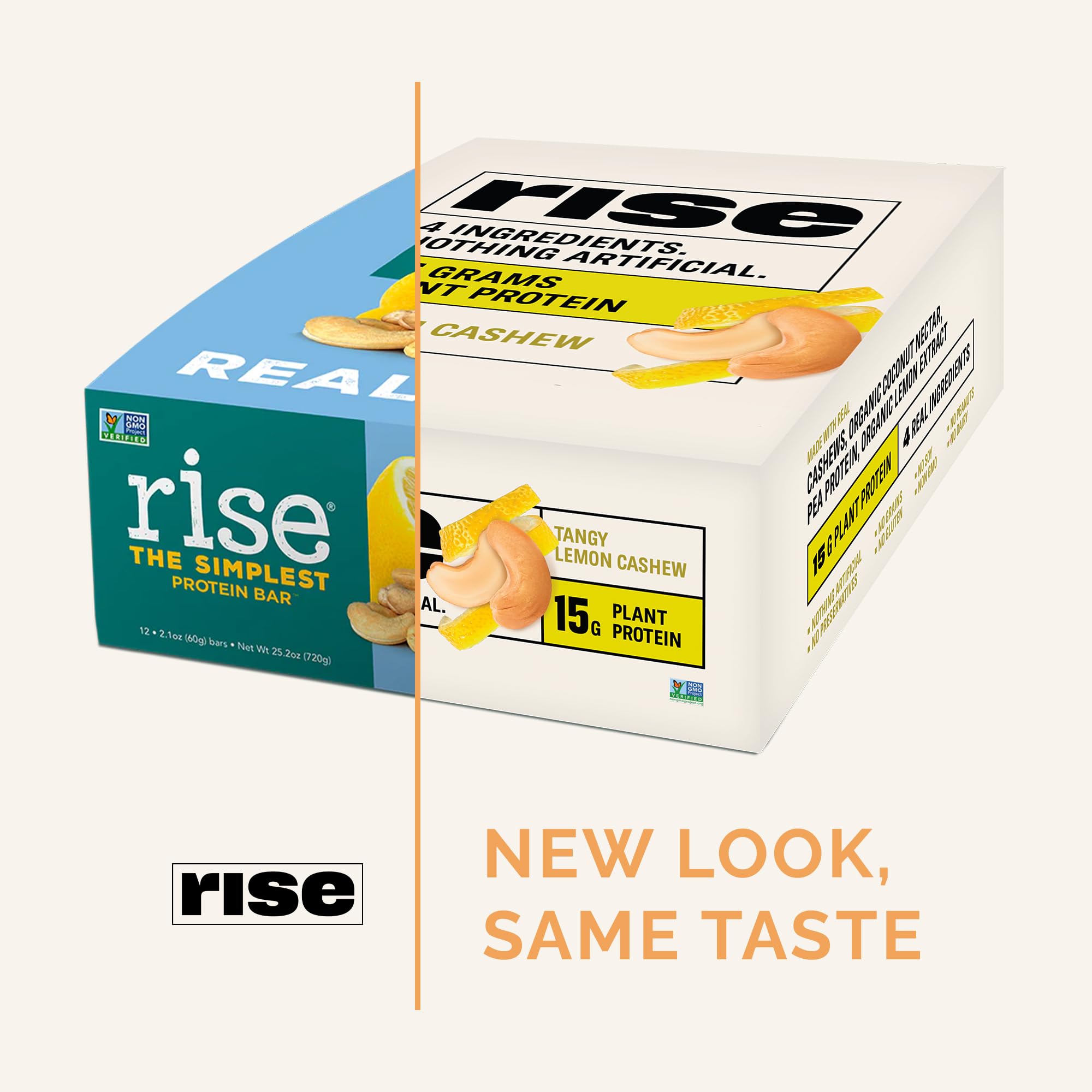 Rise Vegan Lemon Cashew Pea Protein Bar - 15g Plant-Based Protein, Non-GMO, Gluten & Soy Free, 3 Whole Food Ingredients | Healthy Breakfast Snack, Post-Workout Recovery, On-the-Go Nutrition