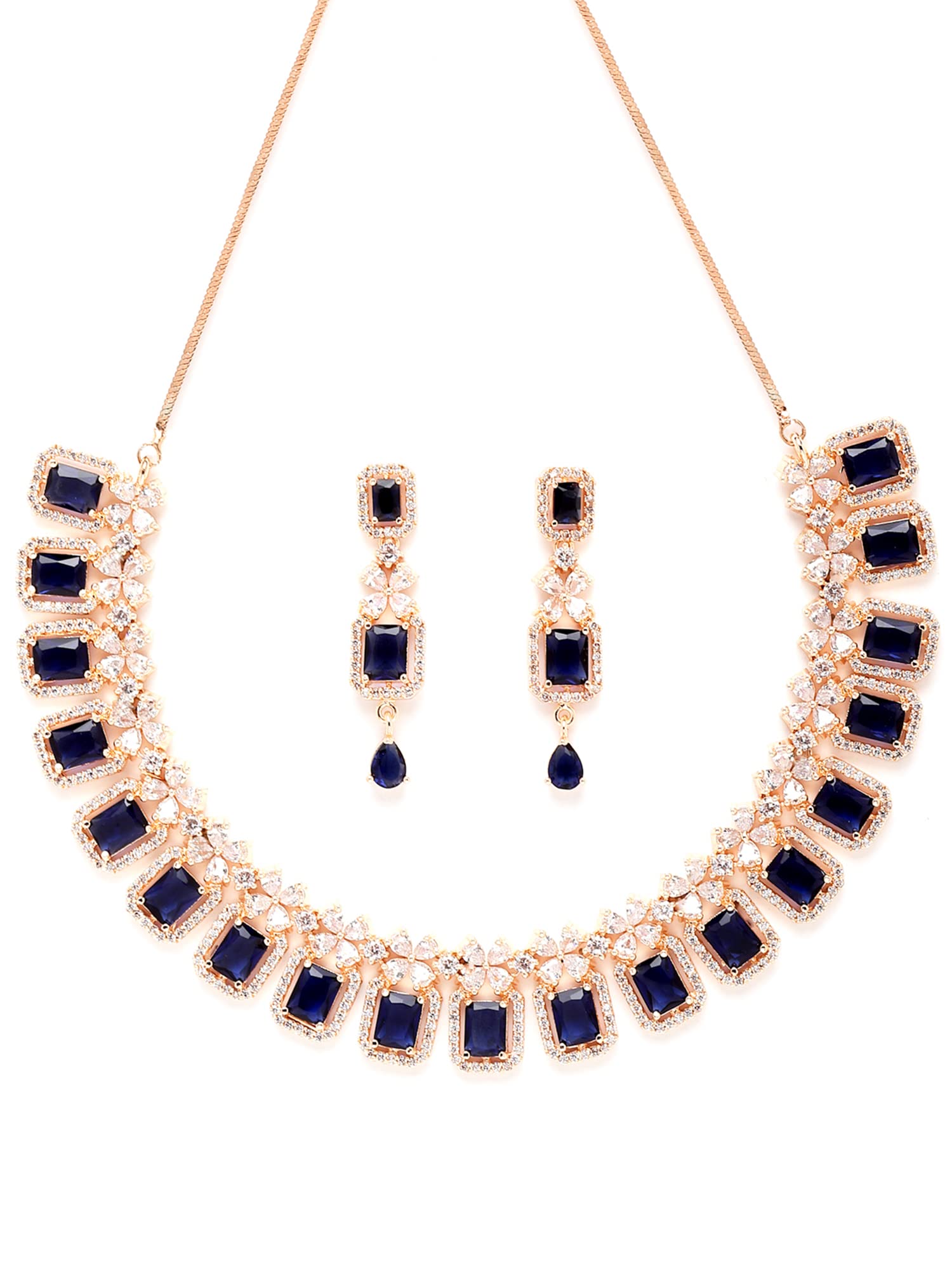 Rose Gold Plated Blue AD Necklace Set for Women - Elegant Jewelry Gift for Her, Birthday, Anniversary & Special Occasions