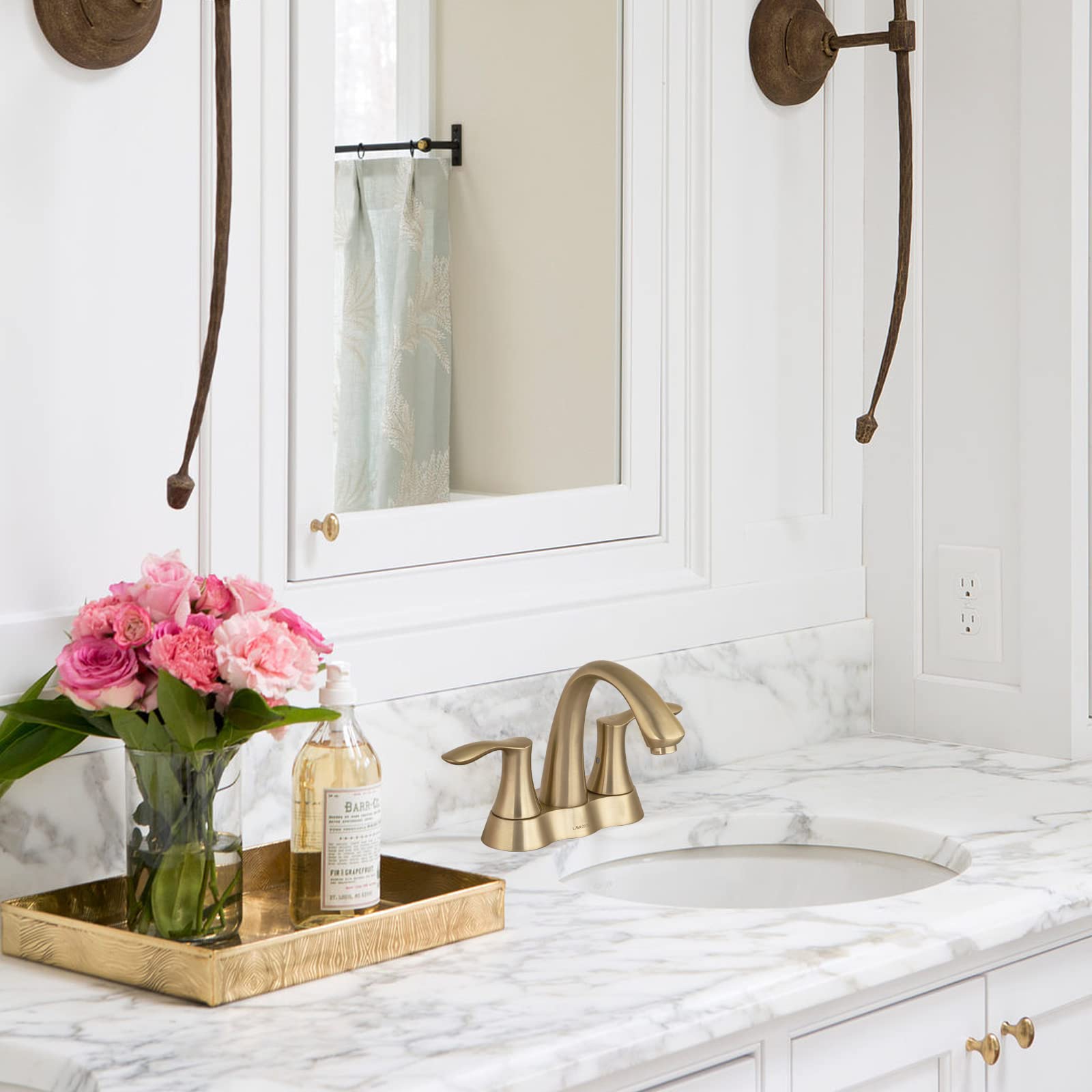 Lava Odoro Gold 4 Inch Centerset Bathroom Sink Faucet - Bronze Gold 2 Handle Vanity Faucet with Drain Assembly, Lead-Free (Model BF423-BB) - Perfect for Modern Bathroom Renovations & Luxury Home Upgrades