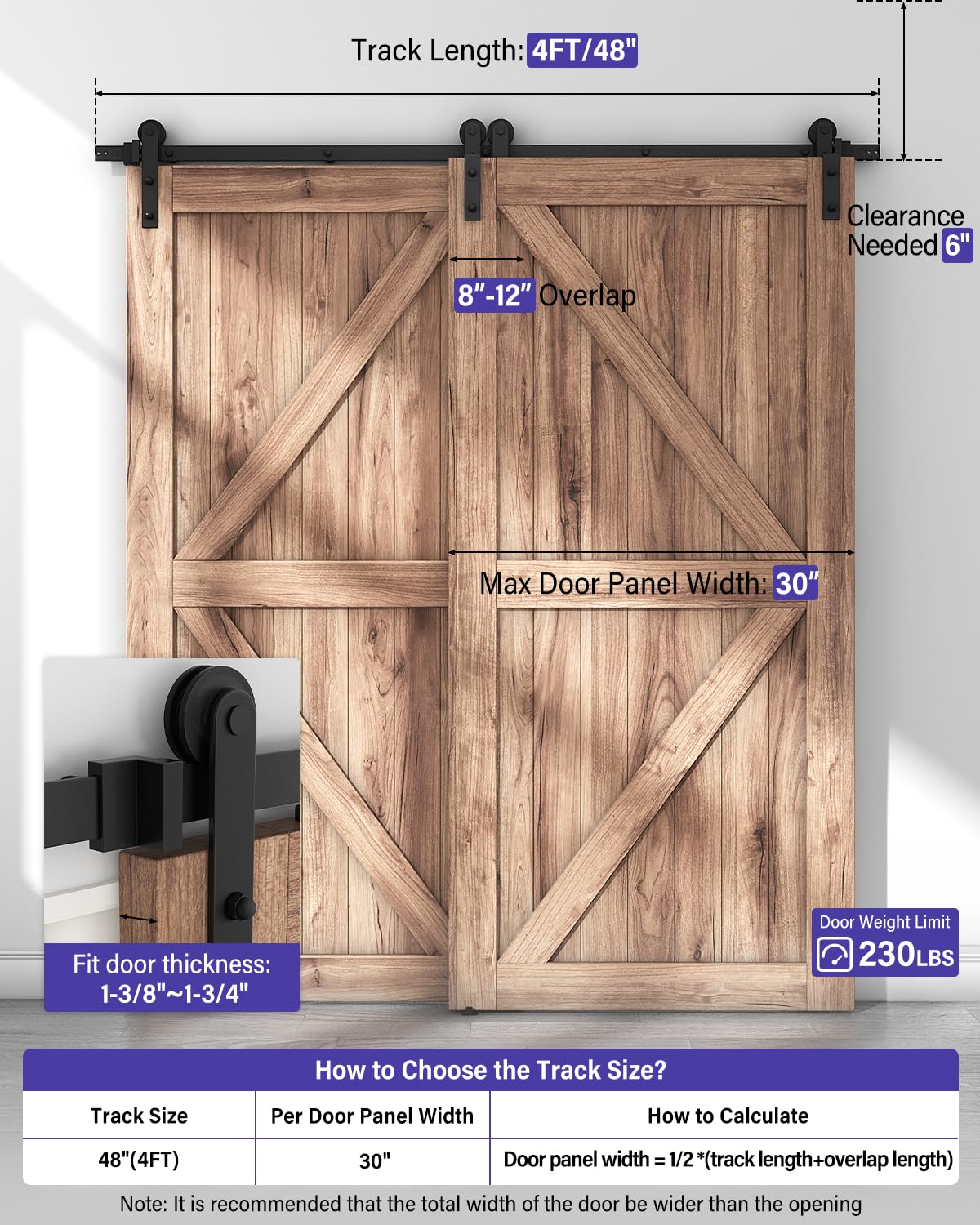 ZEKOO 4FT Bypass Sliding Barn Door Hardware Kit - Single Track System for Double Wooden Doors with Flat Track Rollers | Low Ceiling Compatible One-Piece Rail (4FT Single Track) | Perfect for Bedroom, Closet & Farmhouse Style Interior Doors