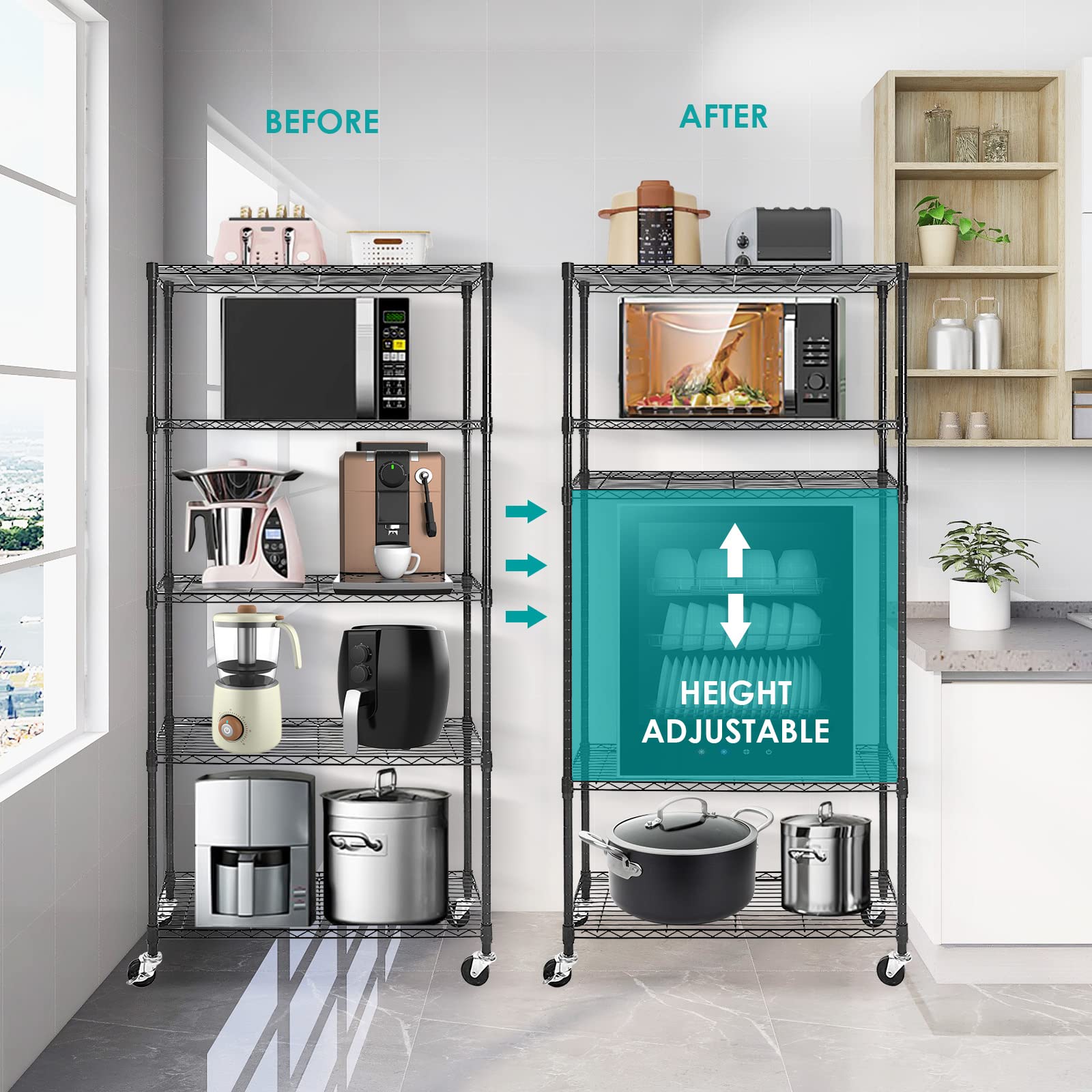 5-Tier Heavy Duty Adjustable Wire Shelving Unit with Locking Wheels - NSF Certified Metal Storage Rack for Kitchen, Pantry, Laundry, Garage & Office Organization - 17.7