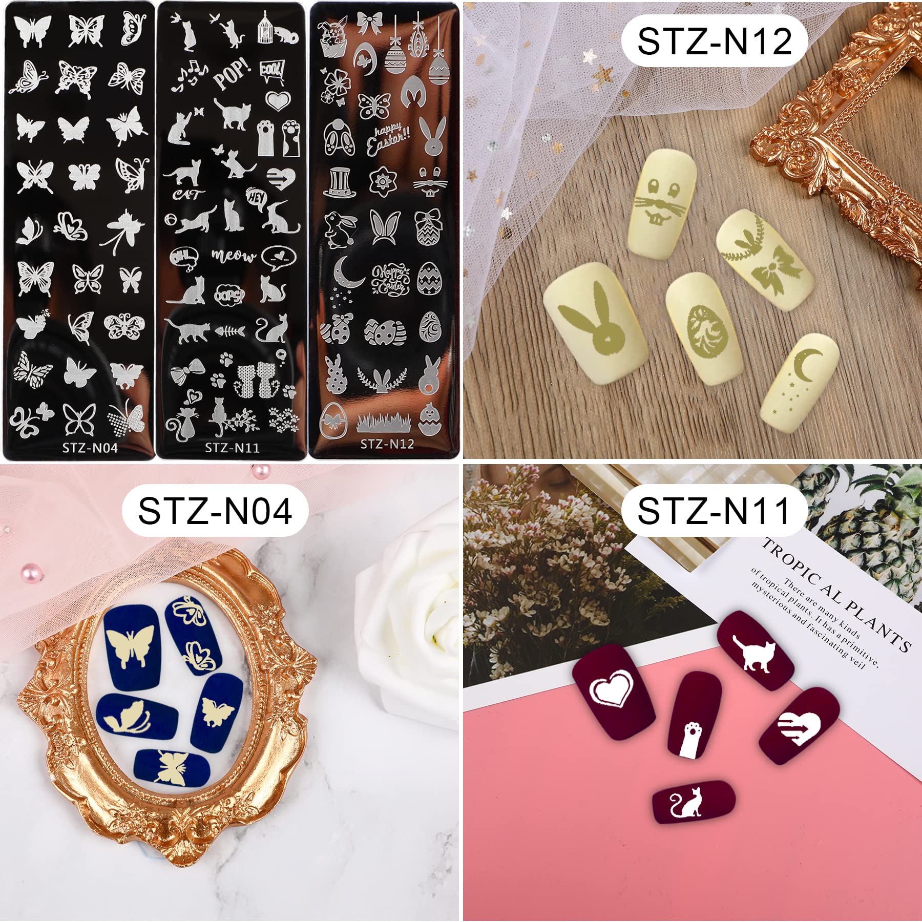 10Pcs Nail Stamp Plate Kit with 6Pcs Nail Art Templates, 2 Stampers & 2 Scrapers - Animal Flower Leaf Design Nail Art Plates for Women & Kids - Perfect for DIY Manicures, Nail Salon Decorations & Party Nail Art Designs