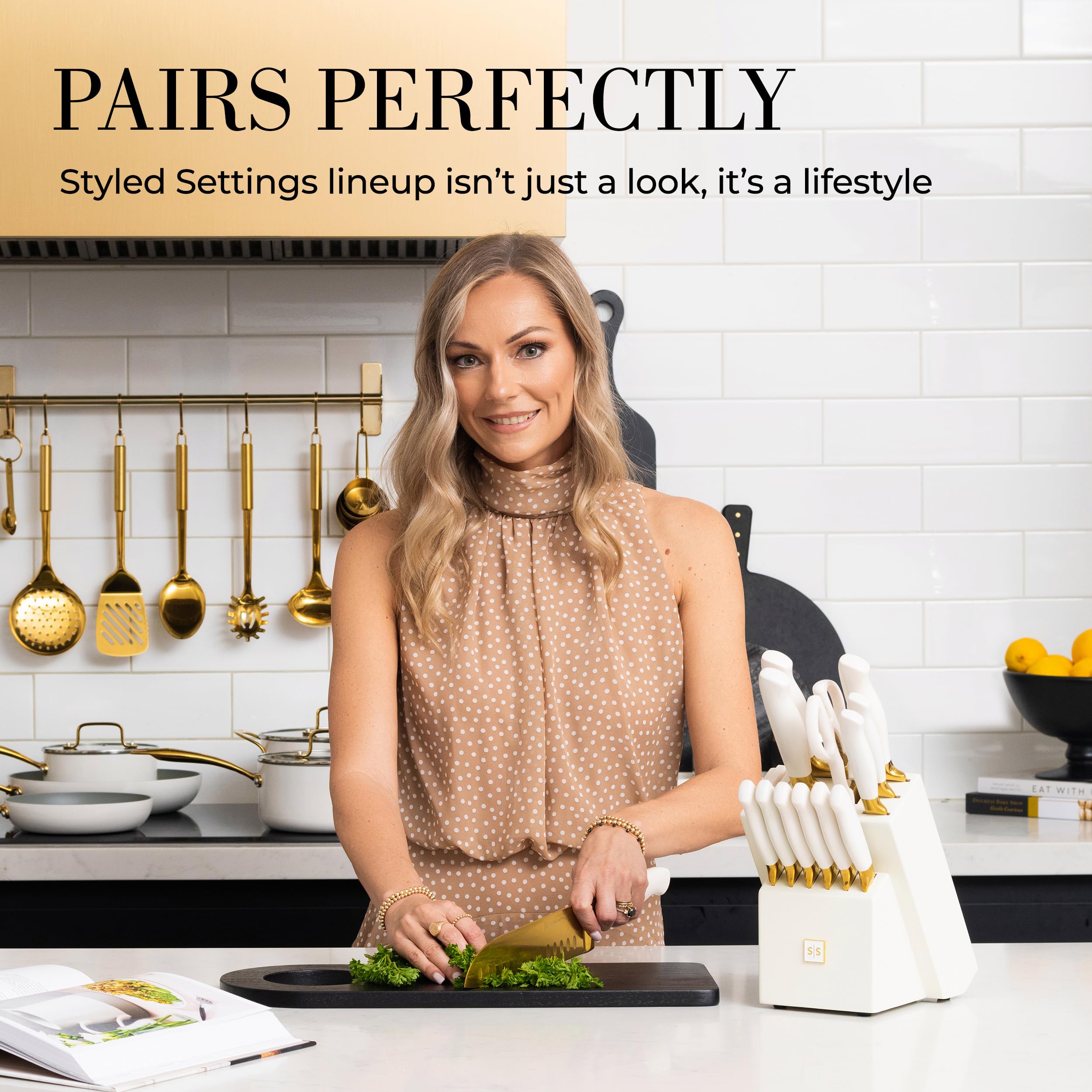 Premium 14-Piece Titanium Coated Gold Kitchen Knife Set with Self-Sharpening Block - Luxury Stainless Steel Knives with White Storage Block - Perfect for Home Chefs, Wedding Gifts & Kitchen Decor