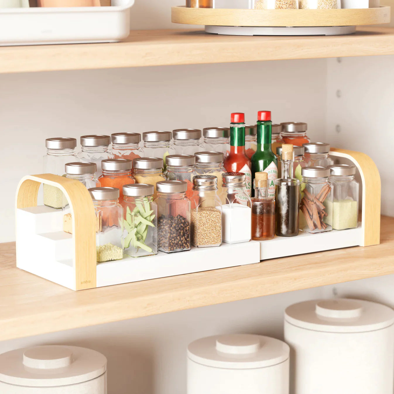Bellwood 3 Tier Spice Shelf Organizer - White/Natural Wooden Spice Rack for Kitchen Cabinet, Pantry & Countertop Storage - Perfect for Organizing Spices, Jars & Small Kitchen Essentials