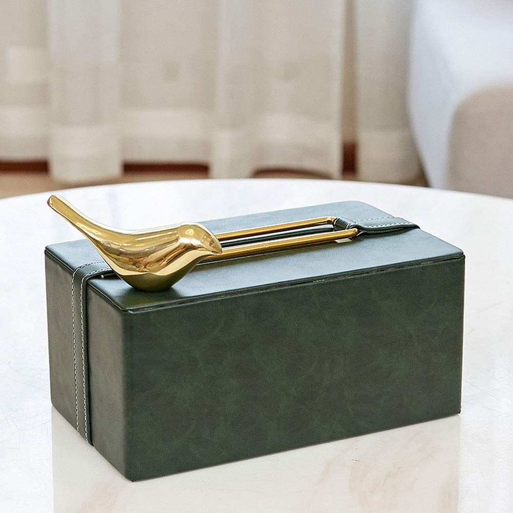 Premium Green Leather Tissue Box Cover with Copper Bird Design - Rectangle Napkin Holder for Restaurants, Home & Office Decor - Stylish Facial Tissue Organizer for Dining Tables, Desks & Living Rooms