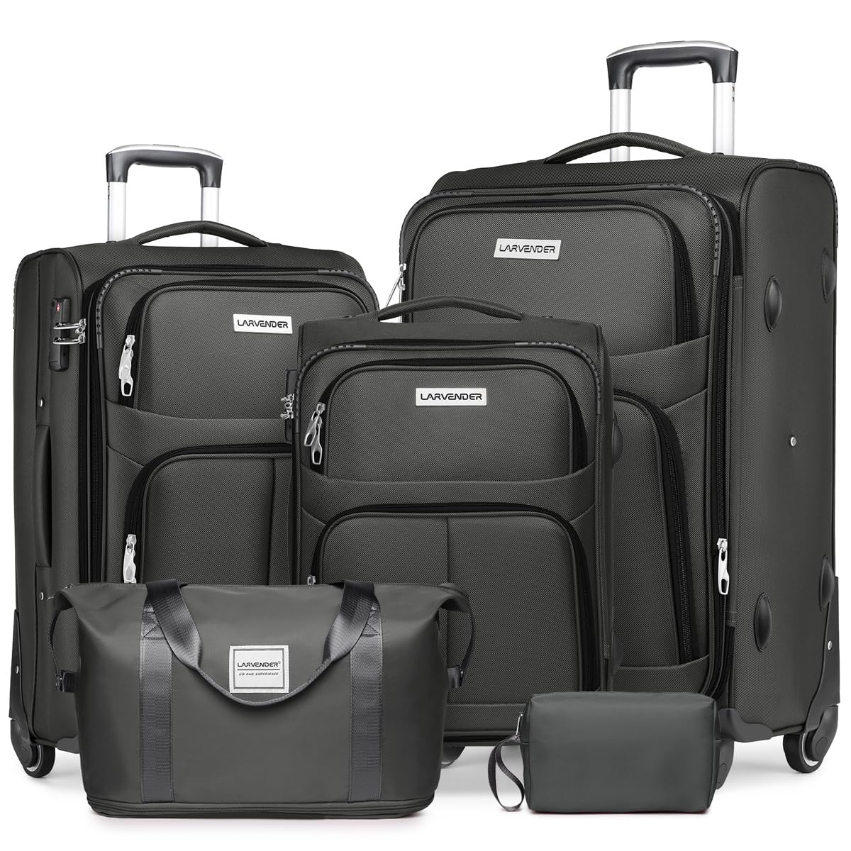 5-Piece Lavender Softside Expandable Luggage Set with Spinner Wheels & TSA Lock - Lightweight Rolling Suitcases for Men & Women (Grey) - Perfect for Family Vacations, Business Trips & International Travel