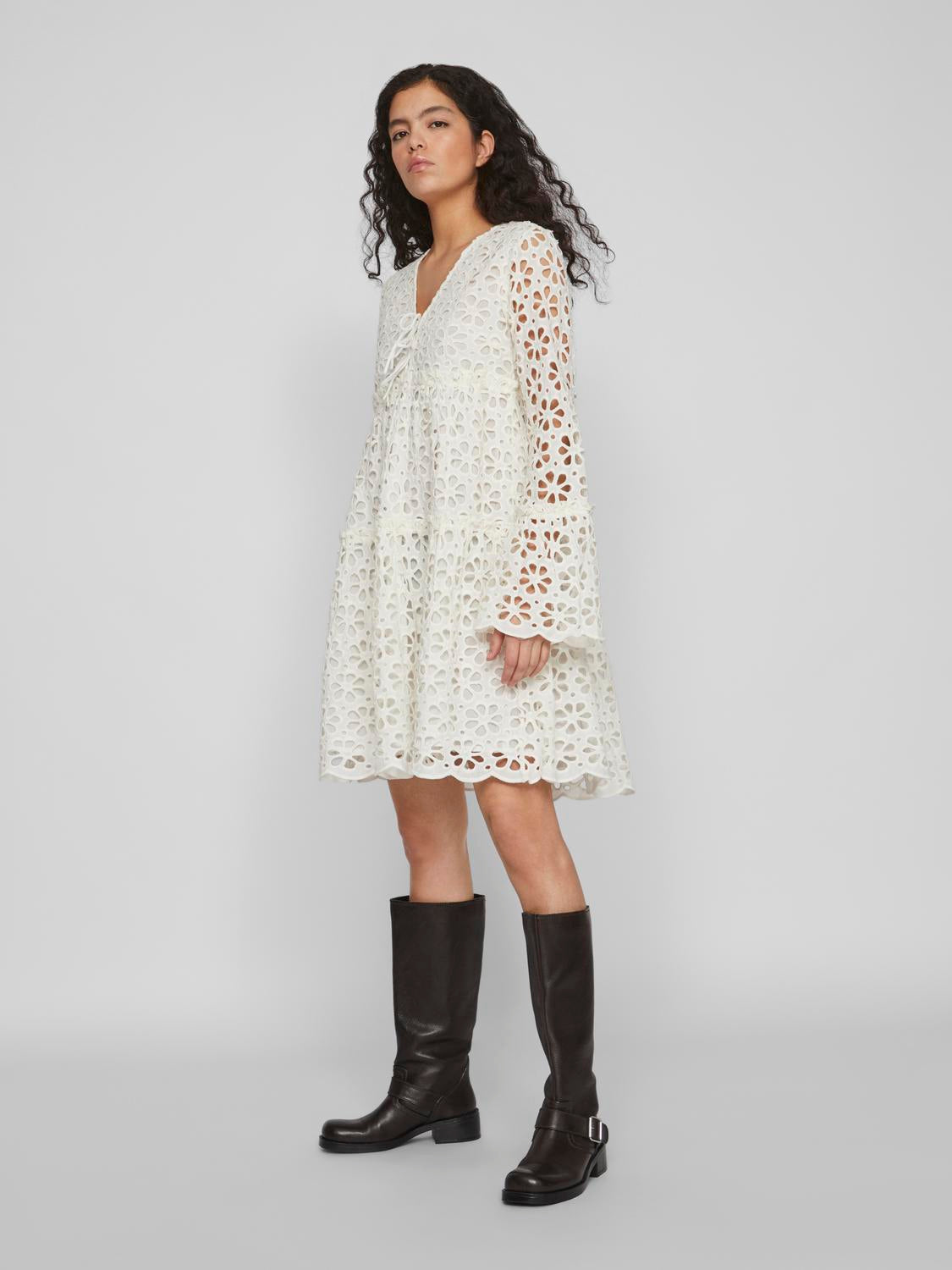 Dawn Broderie Anglaise Long Sleeve Mini Dress - White Lace Summer Dress for Women, Perfect for Weddings, Parties & Date Nights