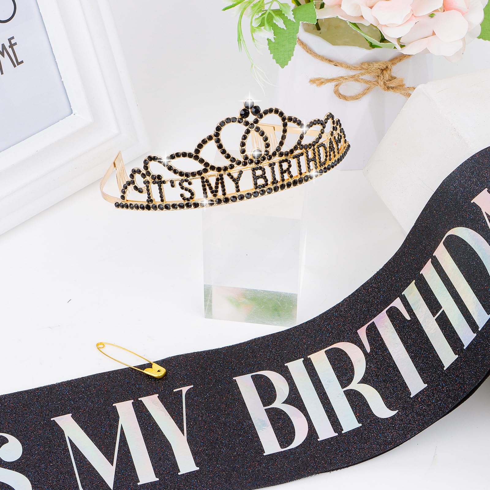 Princess Birthday Sash & Rhinestone Tiara Set for Women - Elegant Black Birthday Party Accessories & Decorations - Perfect for Birthday Celebrations, Bachelorette Parties & Special Occasions