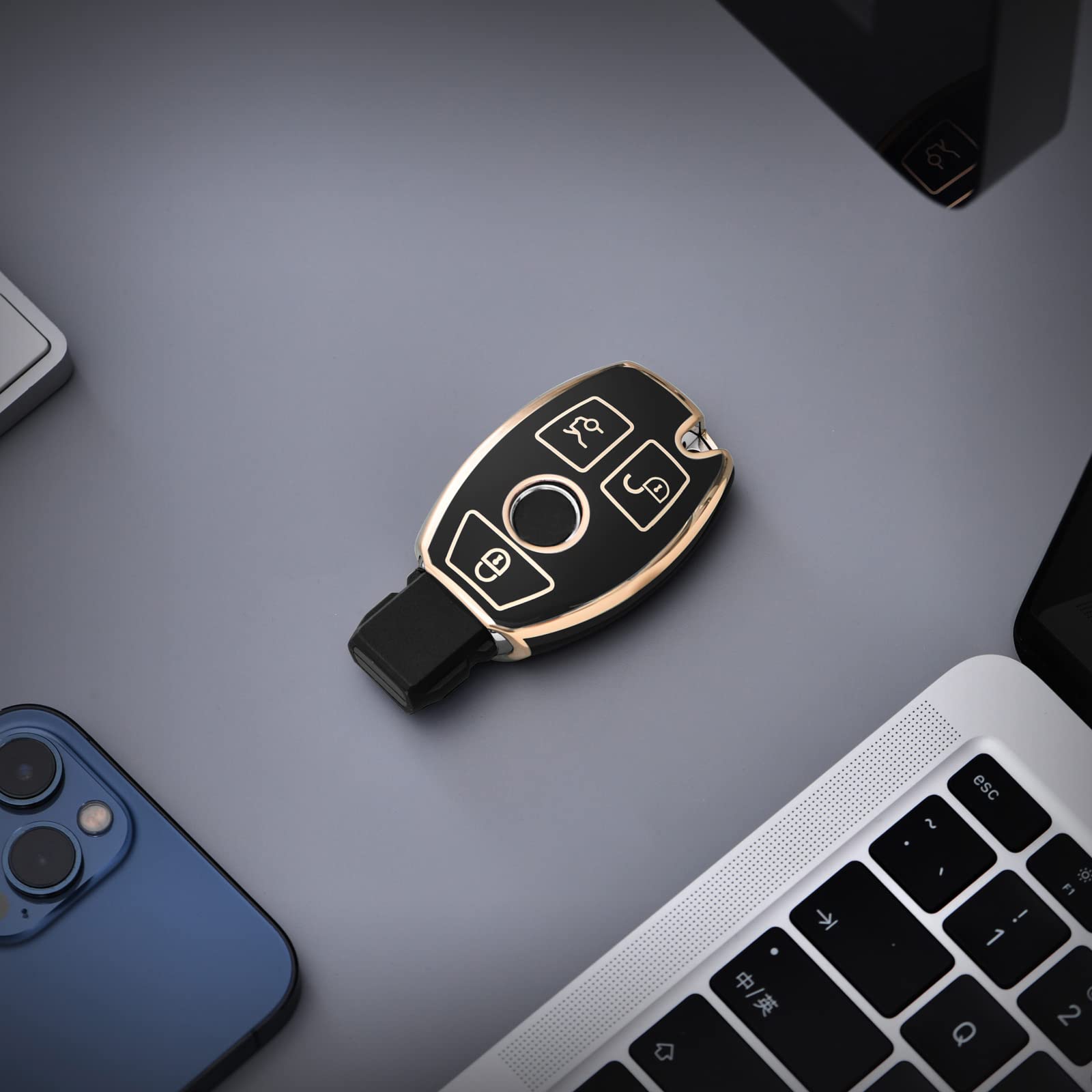 Premium Soft TPU Key Fob Cover for Mercedes Benz C/E/S/M/CLS/CLK/G Class - Smart Key Case Protector with Gold Edge Black Design | Perfect for Keyless Entry Protection & Luxury Car Accessory Gift