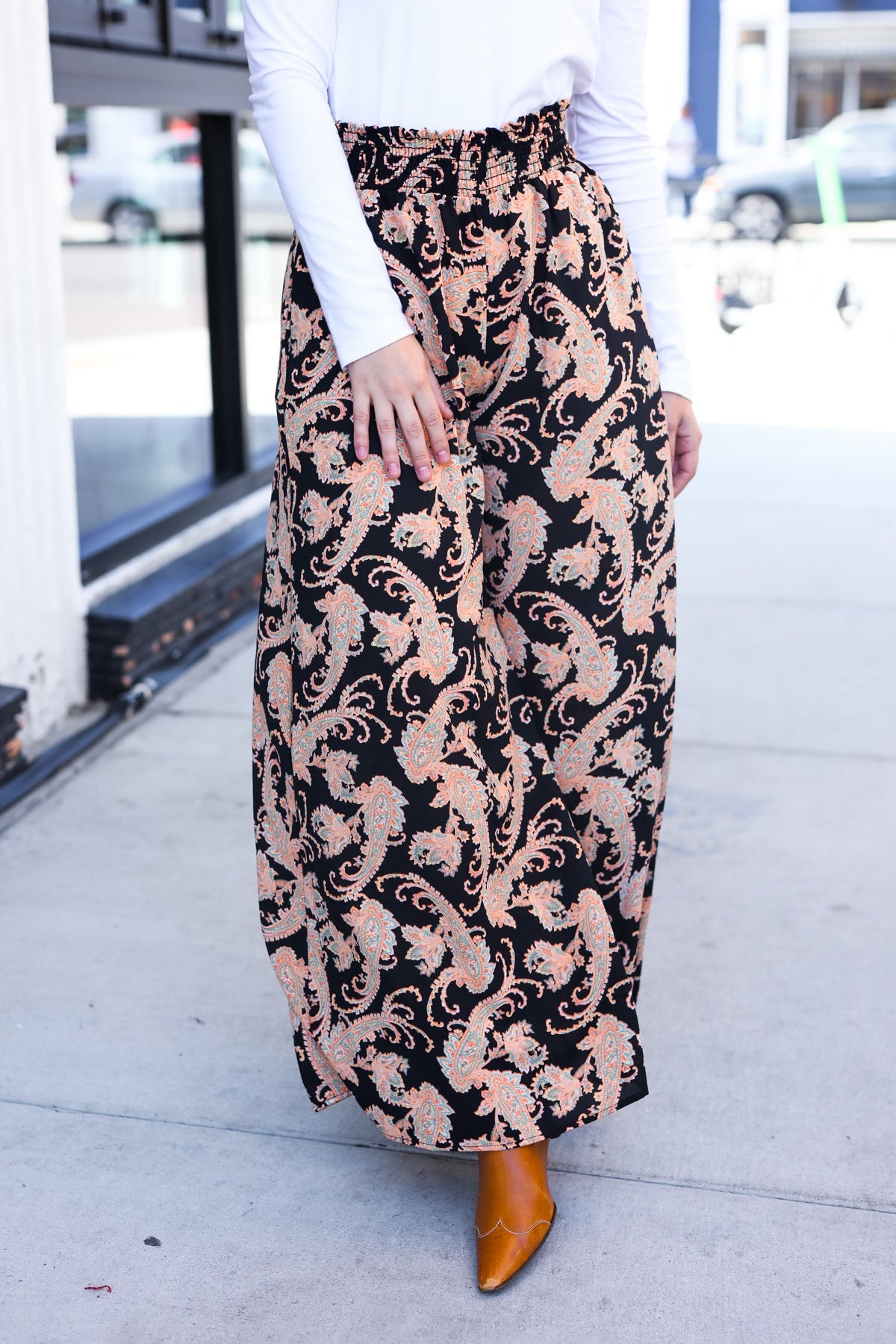 Black Paisley Print Smocked Waist Palazzo Pants for Women - Fall Fashion Wide Leg Trousers with Elastic Waistband | Perfect for Autumn Outfits, Office Wear & Casual Chic Looks