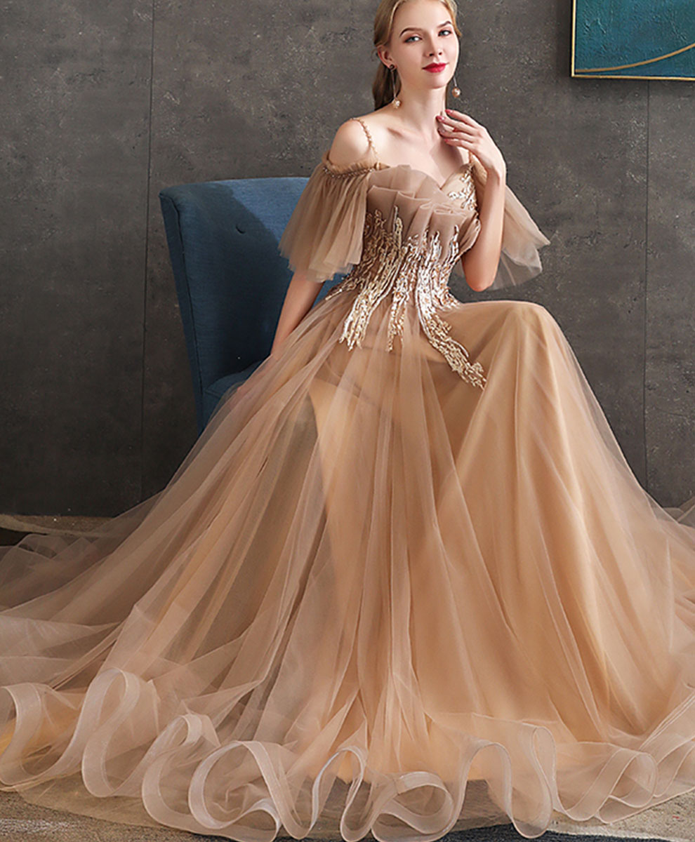 Elegant Champagne Tulle Lace Long Prom Dress - Formal Evening Gown for Homecoming, Ball, Wedding & Special Occasions
