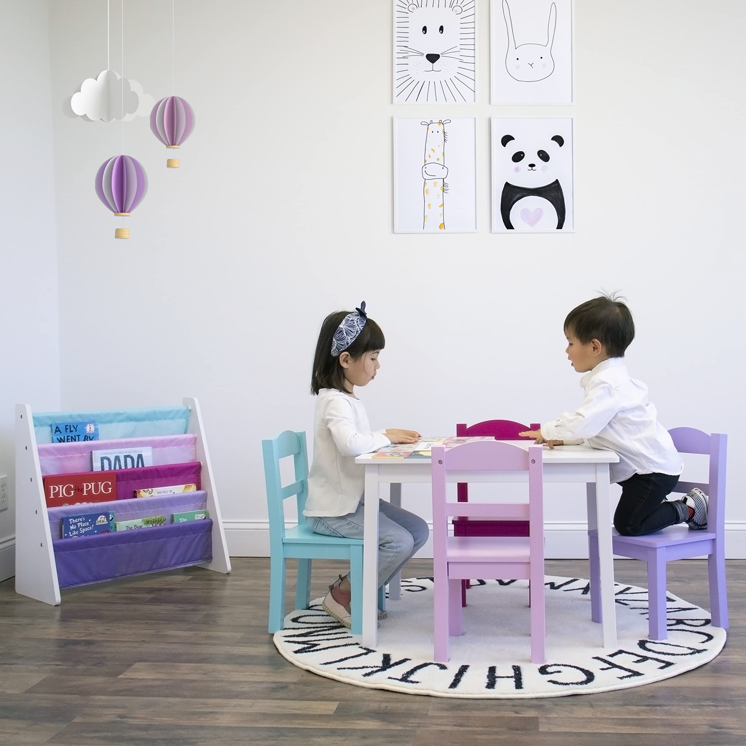 Humble Crew Kids Wood Table and 4 Chairs Set - White, Pink, Purple | Children's Playroom Furniture for Arts, Crafts & Snack Time | Durable Wooden Table & Chair Set for Toddlers & Preschoolers
